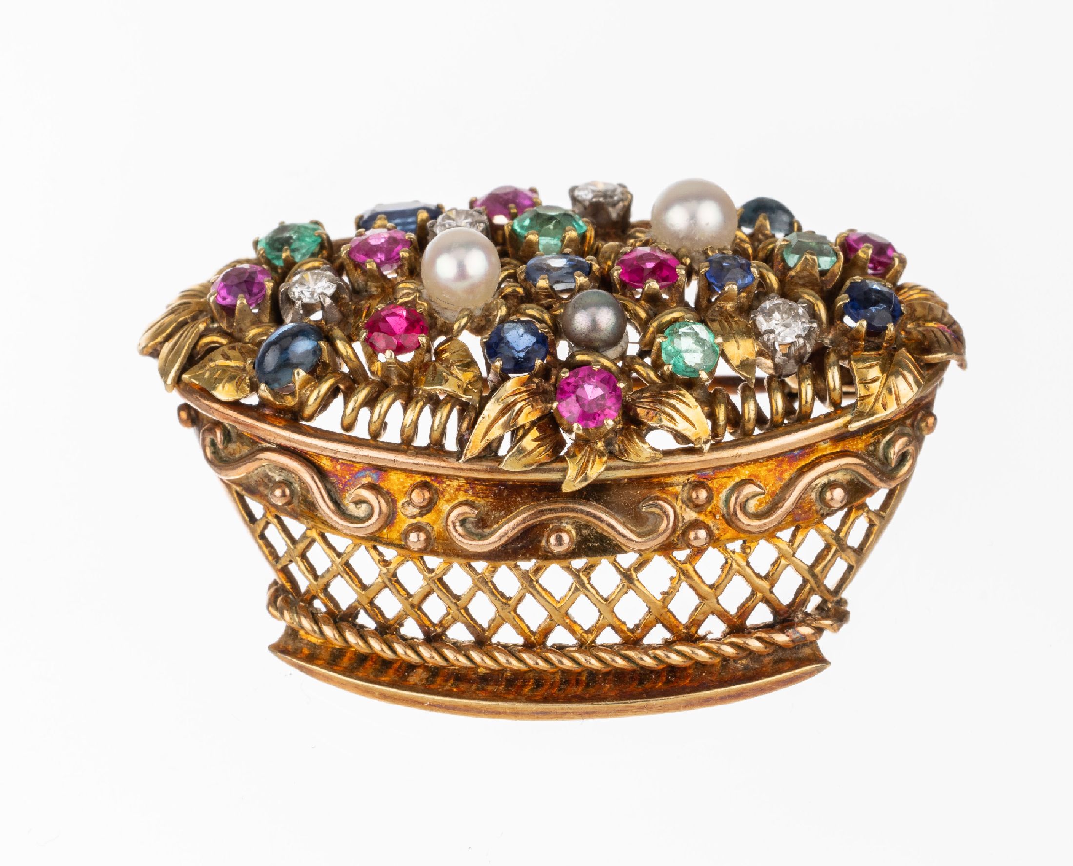 14 kt Gold Rubin Saphir Smaragd Diamant Perlbrosche, "Blumenkorb", GG 585/000, Korbmit Golddraht, Kordel- und Granulatverz., umgeben von ...