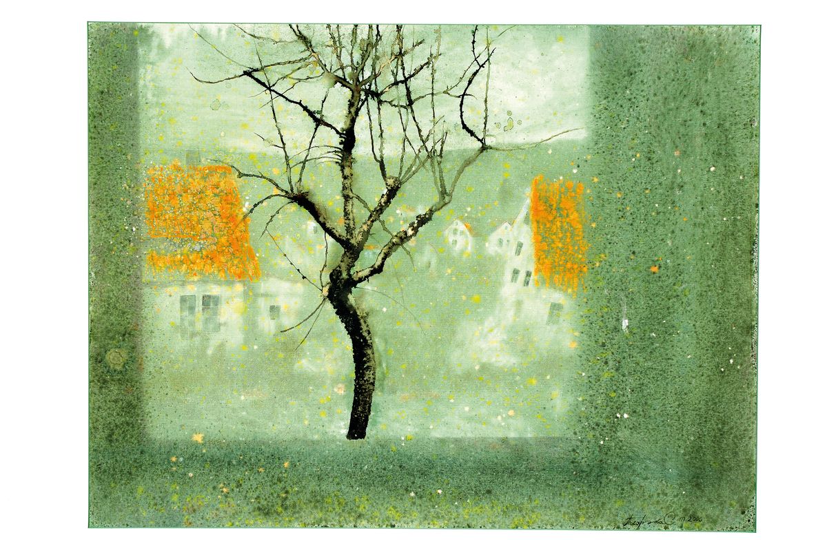 Sergej Pisarenko, geb. 1967, zeitgenössischer Maler aus Belarus, Häuser hinter Baum, Aquarell auf Papier, rechts unten signiert unddat. 2000, ca. ...