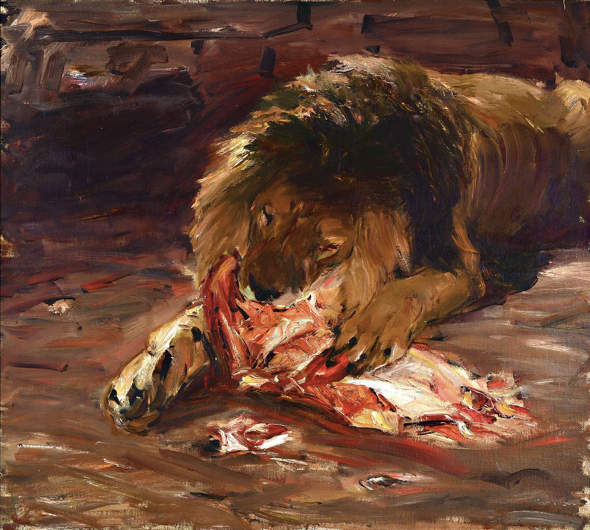 Otto Dill, 1884 Neustadt/Haardt - 1957 Bad Dürkheim, "fressender Löwe" so auf altem Etikett bezeichnet und datiert 1925, Öl/Lwd, 2 ...