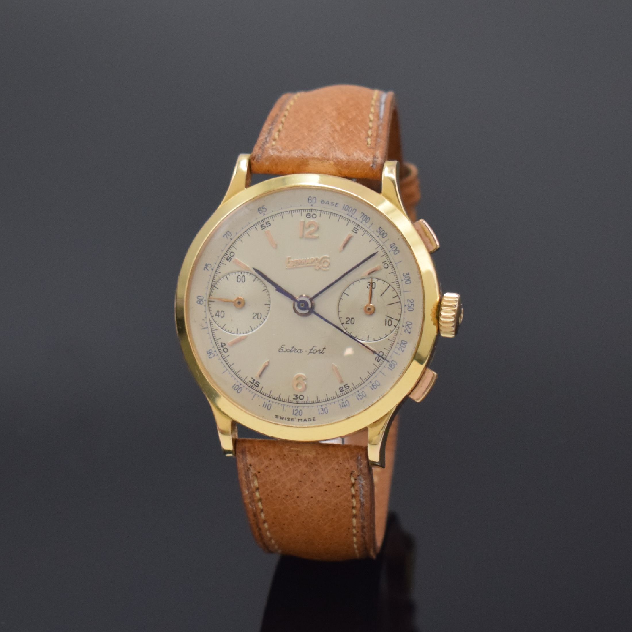 EBERHARD & CO großer Herrenchronograph in RG 750/000 Kaliber Valjoux 65, Schweiz um 1945, Handaufzug, 3-tlg. Geh., Boden u. Glasrand aufgedr., ...
