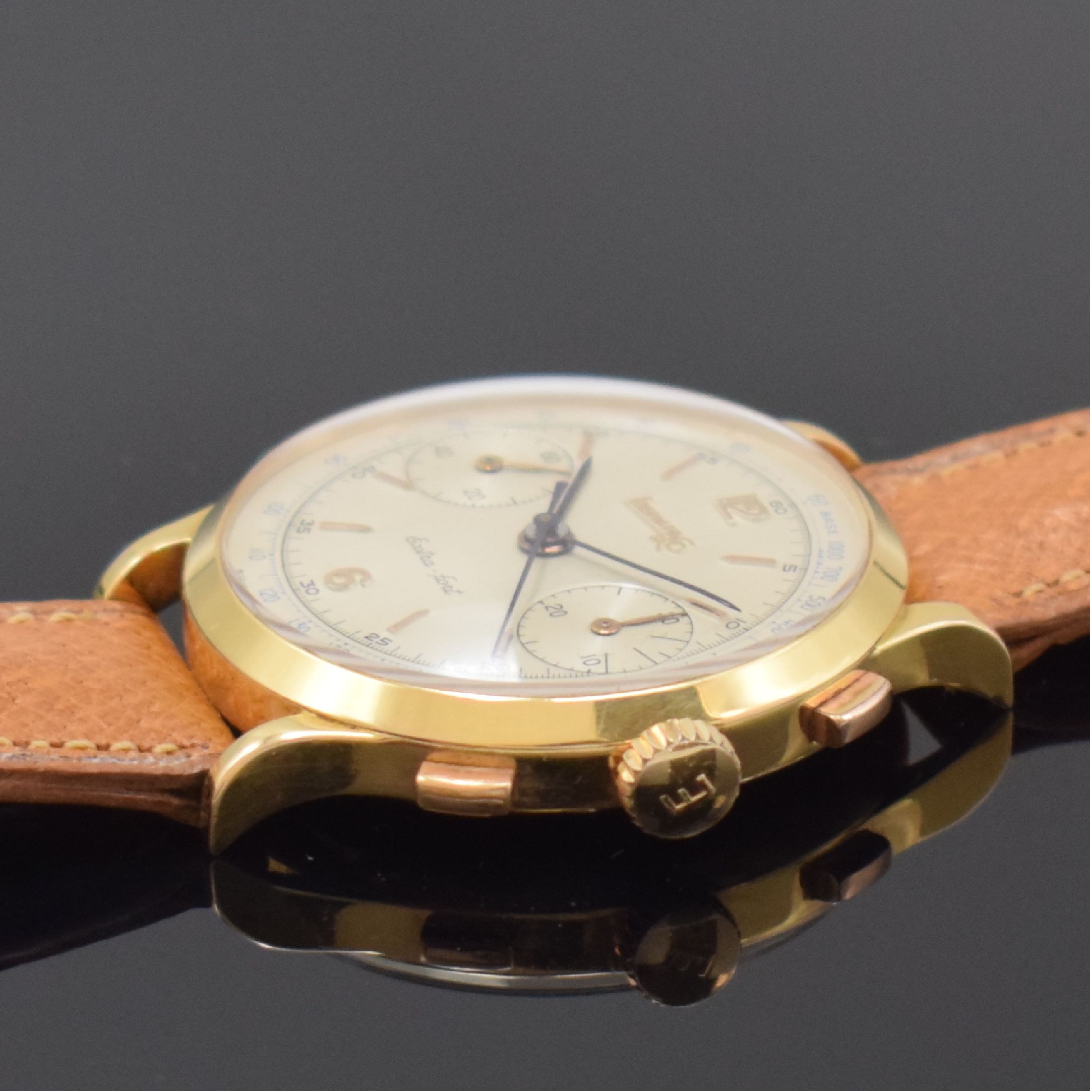 Detail b: EBERHARD & CO großer Herrenchronograph in RG 750/000 Kaliber Valjoux 65, Schweiz um 1945, Handaufzug, 3-tlg. Geh., Boden u. Glasrand aufgedr., ...