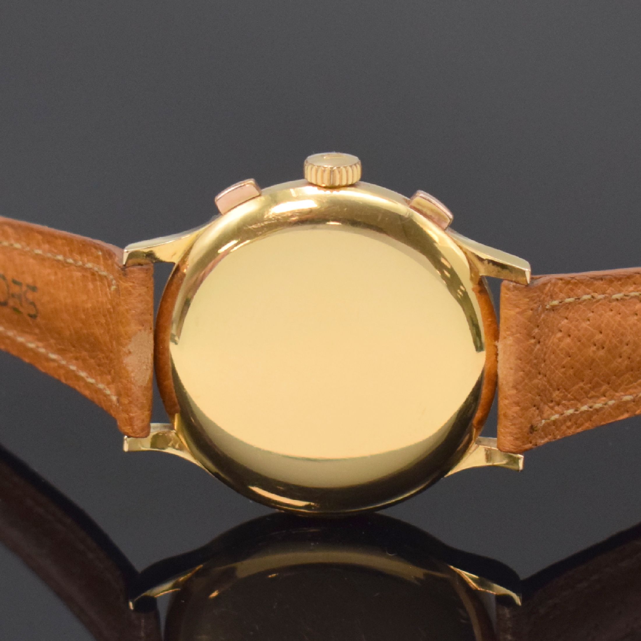 Detail c: EBERHARD & CO großer Herrenchronograph in RG 750/000 Kaliber Valjoux 65, Schweiz um 1945, Handaufzug, 3-tlg. Geh., Boden u. Glasrand aufgedr., ...