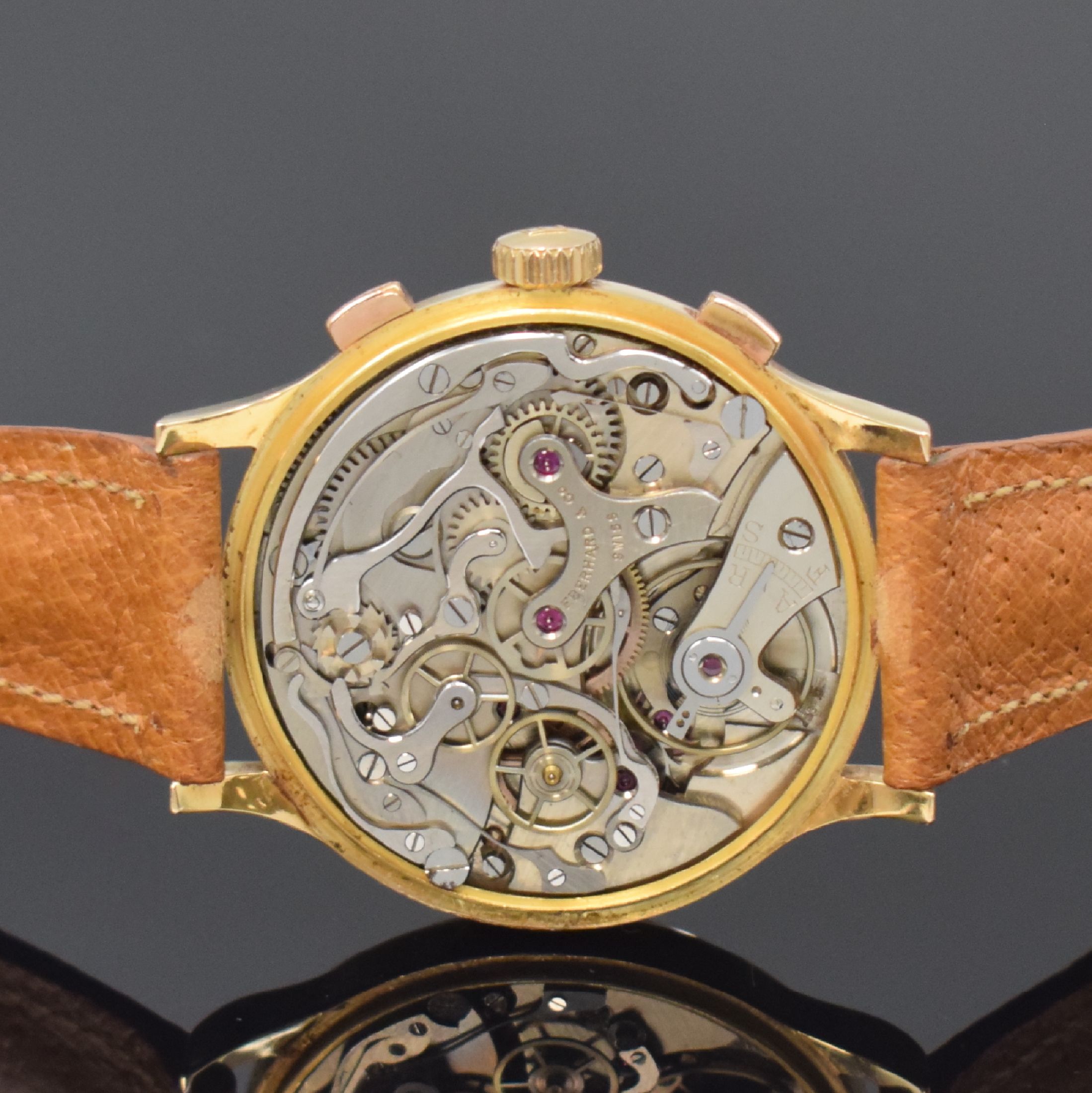 Detail e: EBERHARD & CO großer Herrenchronograph in RG 750/000 Kaliber Valjoux 65, Schweiz um 1945, Handaufzug, 3-tlg. Geh., Boden u. Glasrand aufgedr., ...
