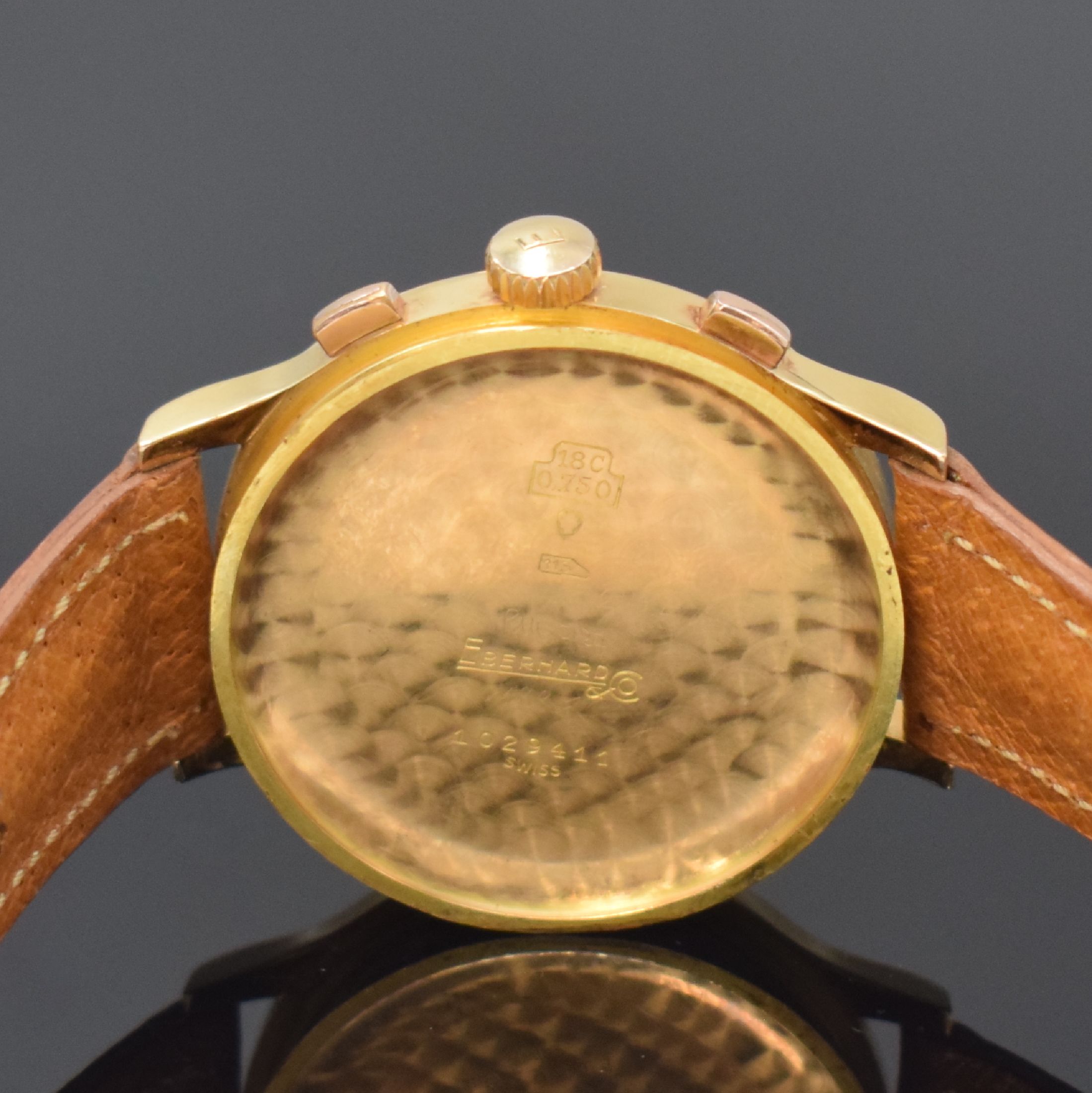 Detail f: EBERHARD & CO großer Herrenchronograph in RG 750/000 Kaliber Valjoux 65, Schweiz um 1945, Handaufzug, 3-tlg. Geh., Boden u. Glasrand aufgedr., ...