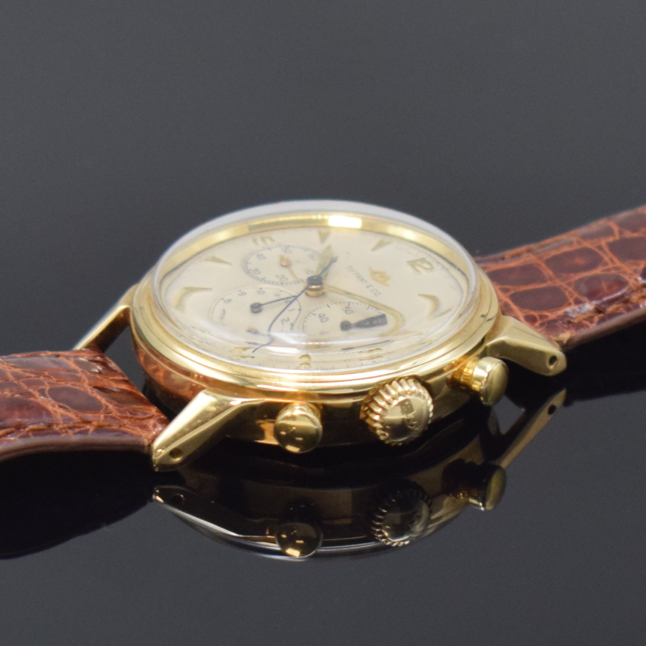 Detail b: MOVADO / TIFFANY & Co Schaltradchronograph Kaliber 95M in GG 585/000, Schweiz um 1955, Handaufzug, verschr. FB-Geh., Werk unter Staubschutz, orig. ...