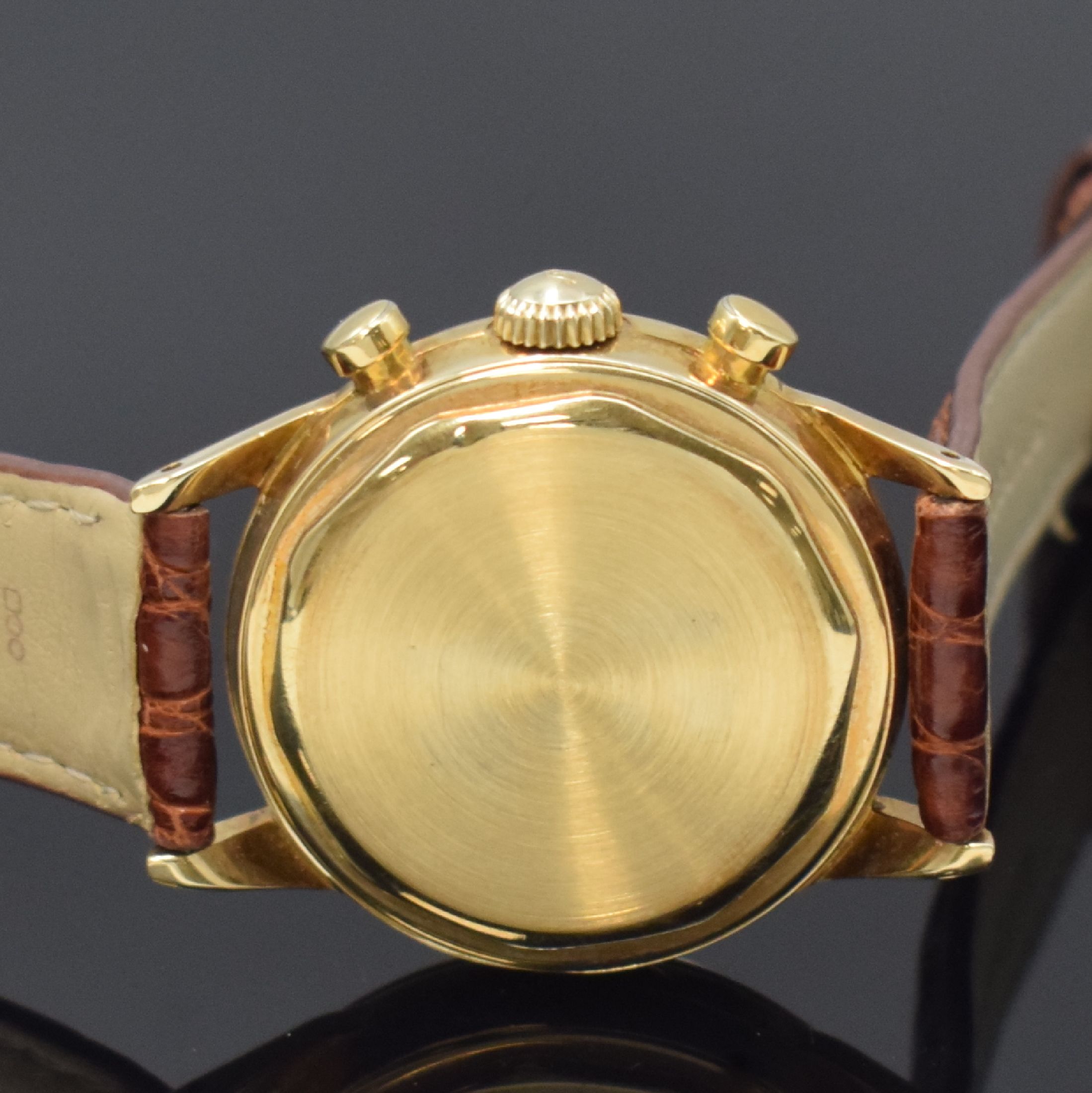 Detail d: MOVADO / TIFFANY & Co Schaltradchronograph Kaliber 95M in GG 585/000, Schweiz um 1955, Handaufzug, verschr. FB-Geh., Werk unter Staubschutz, orig. ...