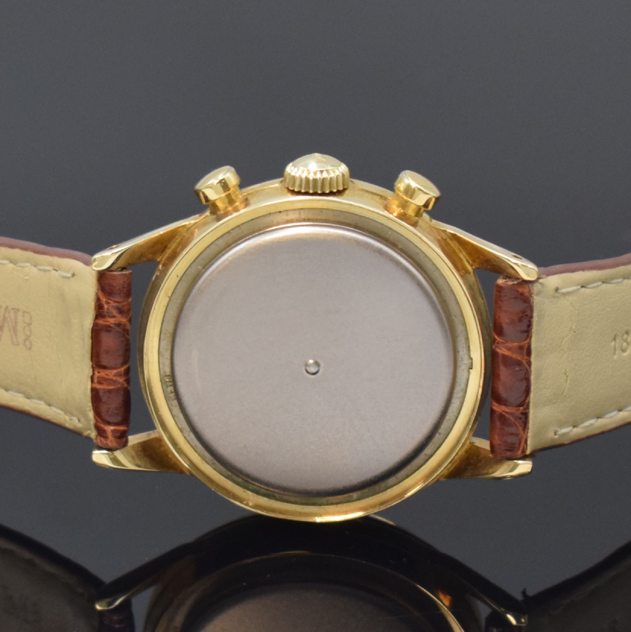 Detail e: MOVADO / TIFFANY & Co Schaltradchronograph Kaliber 95M in GG 585/000, Schweiz um 1955, Handaufzug, verschr. FB-Geh., Werk unter Staubschutz, orig. ...