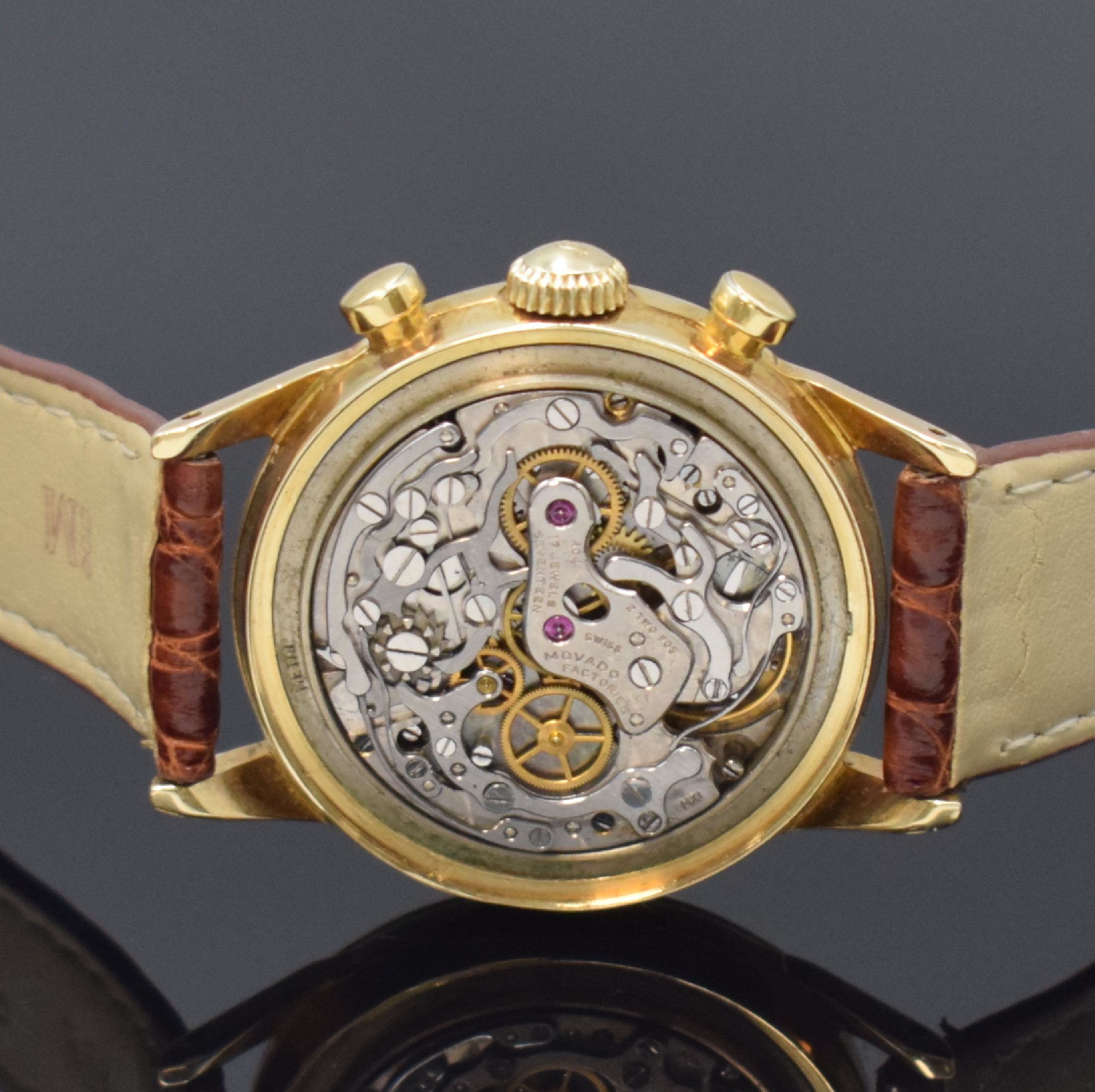 Detail f: MOVADO / TIFFANY & Co Schaltradchronograph Kaliber 95M in GG 585/000, Schweiz um 1955, Handaufzug, verschr. FB-Geh., Werk unter Staubschutz, orig. ...