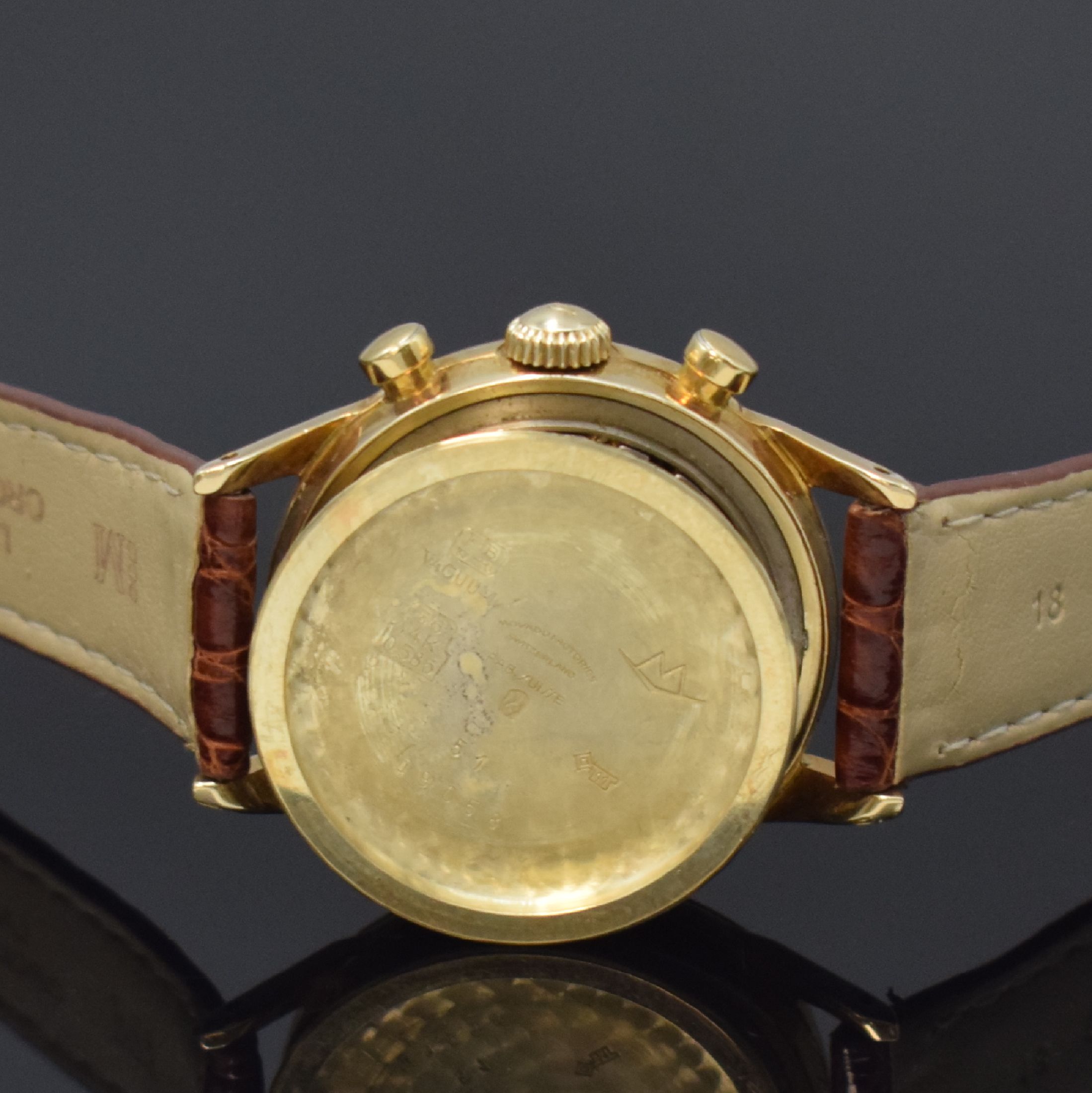 Detail g: MOVADO / TIFFANY & Co Schaltradchronograph Kaliber 95M in GG 585/000, Schweiz um 1955, Handaufzug, verschr. FB-Geh., Werk unter Staubschutz, orig. ...