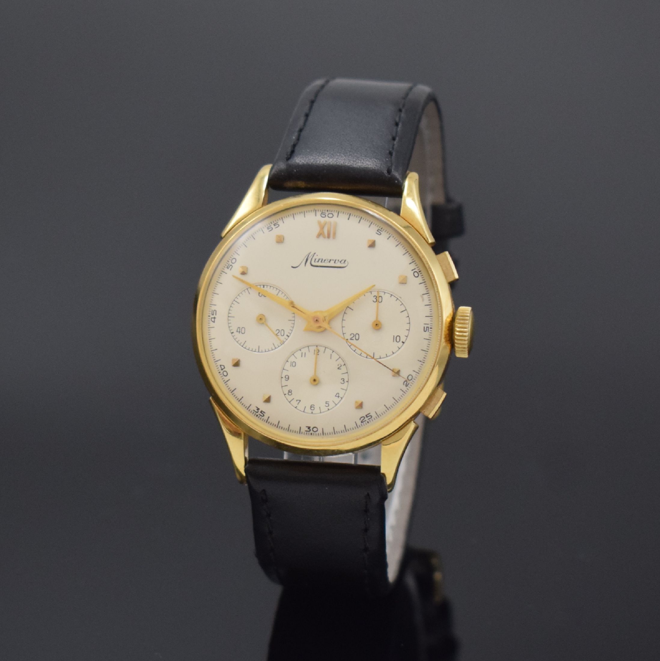 MINERVA eleganter Schaltradchronograph Kaliber Valjoux 72 in GG 750/000, Schweiz um 1955, Handaufzug, 3-teil. Gehäuse, Boden u. Glasrand aufgedr., ...