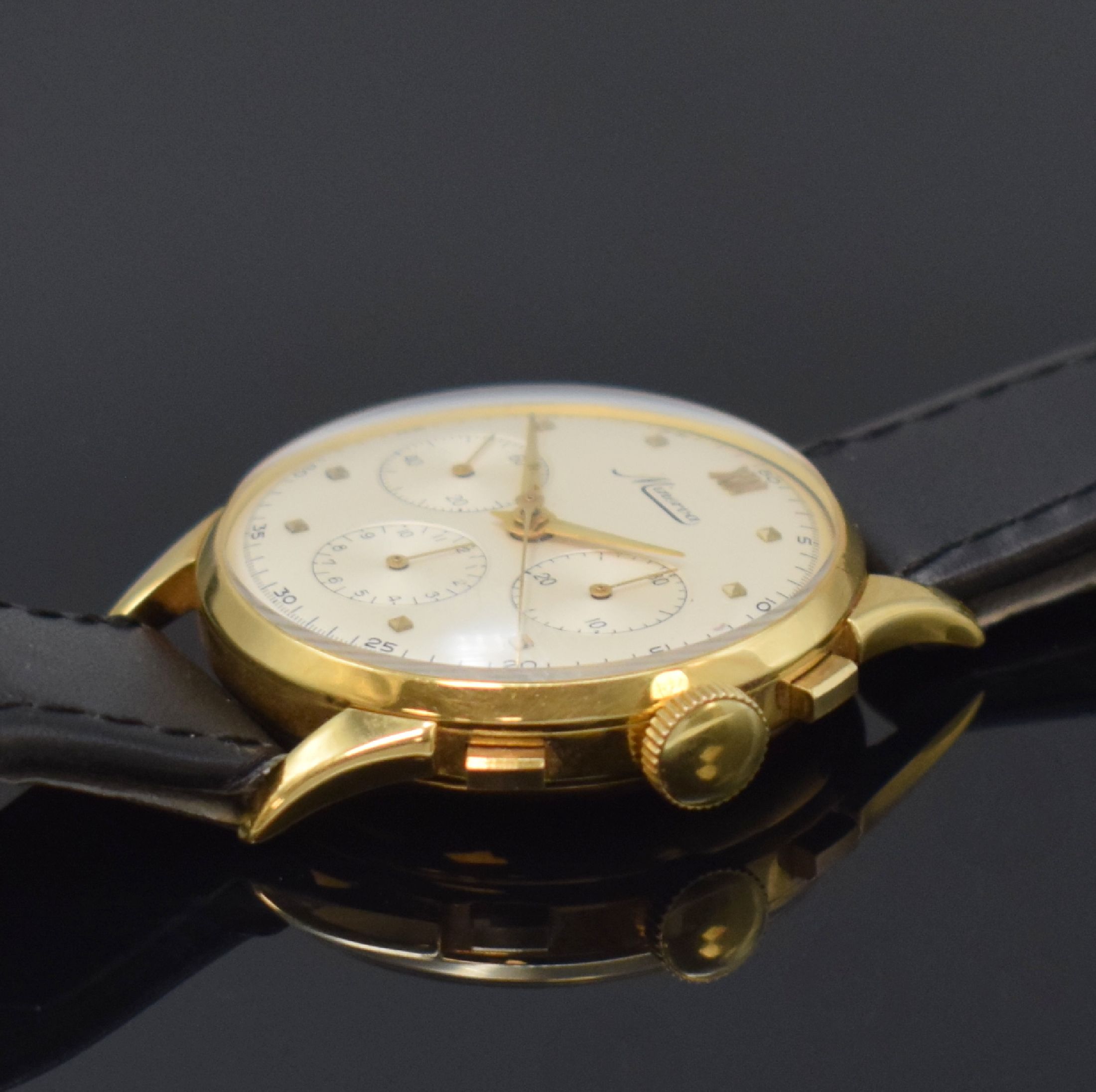 Detail b: MINERVA eleganter Schaltradchronograph Kaliber Valjoux 72 in GG 750/000, Schweiz um 1955, Handaufzug, 3-teil. Gehäuse, Boden u. Glasrand aufgedr., ...