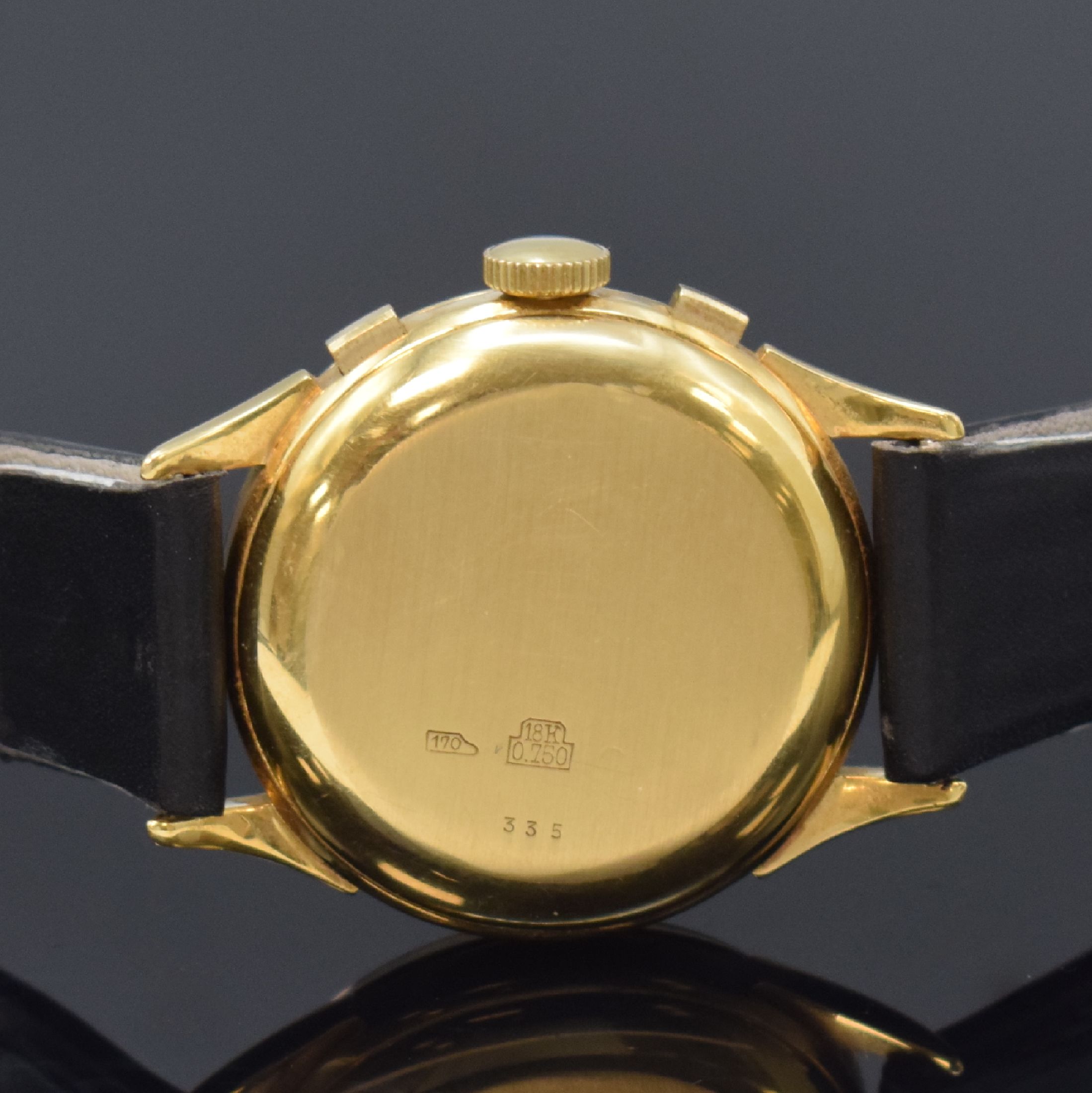 Detail c: MINERVA eleganter Schaltradchronograph Kaliber Valjoux 72 in GG 750/000, Schweiz um 1955, Handaufzug, 3-teil. Gehäuse, Boden u. Glasrand aufgedr., ...