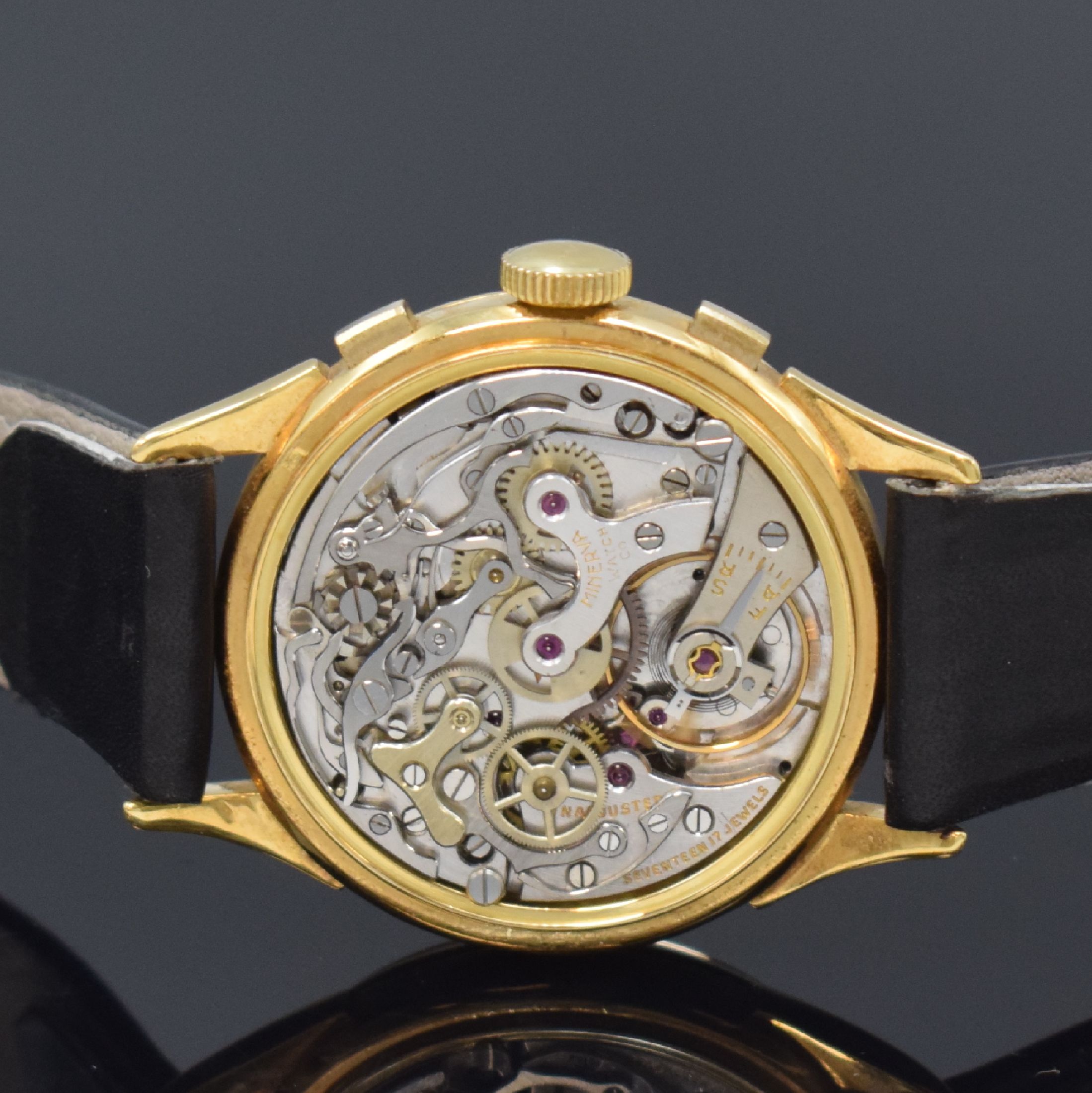 Detail d: MINERVA eleganter Schaltradchronograph Kaliber Valjoux 72 in GG 750/000, Schweiz um 1955, Handaufzug, 3-teil. Gehäuse, Boden u. Glasrand aufgedr., ...