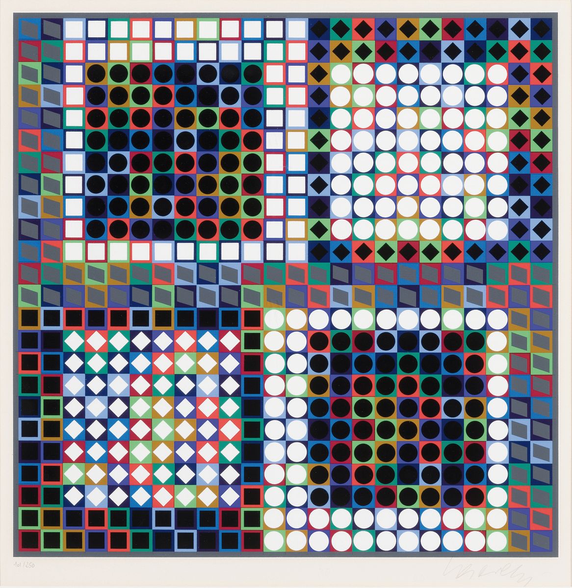 Victor Vasarely, 1906 Pecs-1997 Paris, Farbserigraphie, kinetische Komposition, Ed. 101/250, um 1965, rechts unten handsigniert, Motiv ca. 41x40 cm, ...