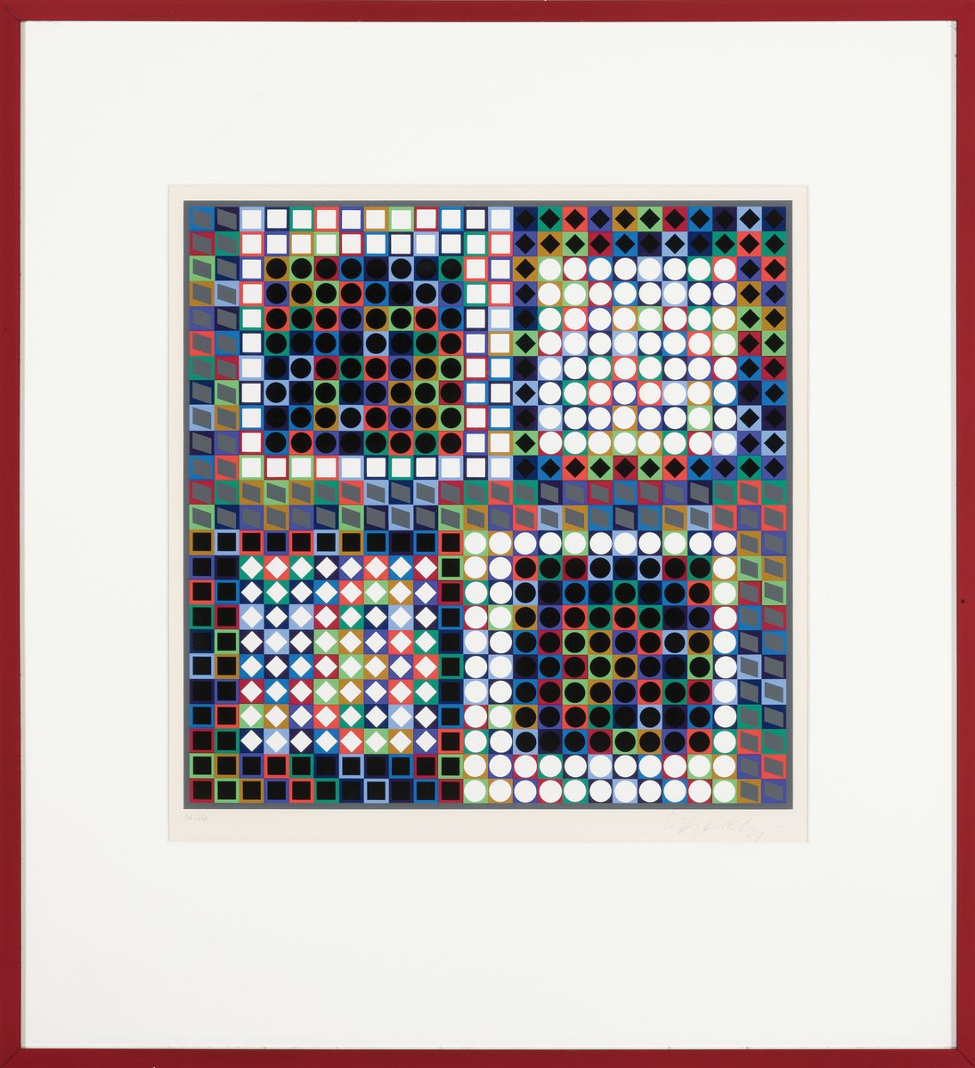 Detail k: Victor Vasarely, 1906 Pecs-1997 Paris, Farbserigraphie, kinetische Komposition, Ed. 101/250, um 1965, rechts unten handsigniert, Motiv ca. 41x40 cm, ...