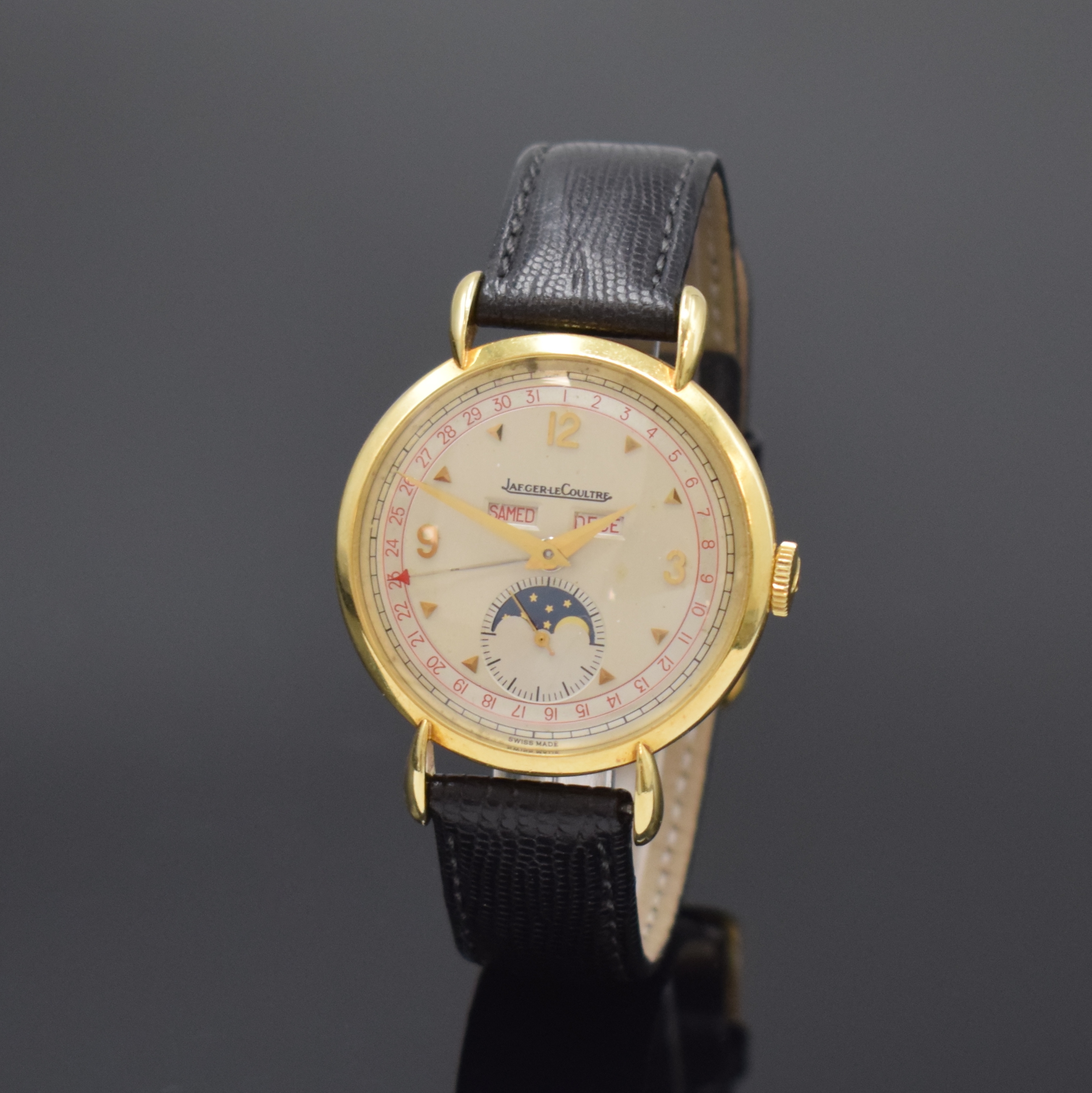 Jaeger-LeCoultre Triple Calendar Herrenarmbanduhr mit Vollkalender in GG 750/000 Referenz 141.008.1, Schweiz um 1985, Handaufzug, gedr. Geh., ...