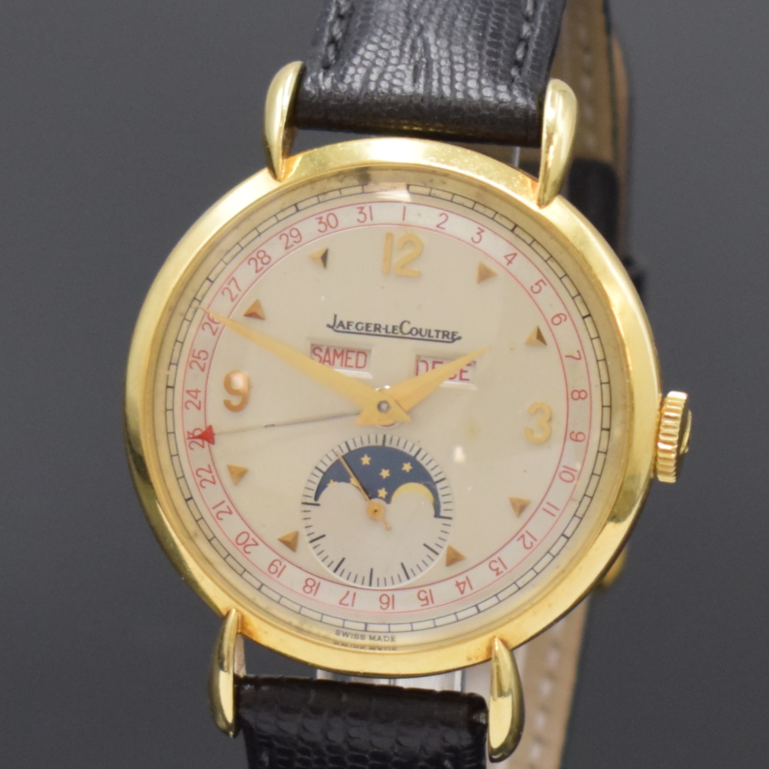 Detail a: Jaeger-LeCoultre Triple Calendar Herrenarmbanduhr mit Vollkalender in GG 750/000 Referenz 141.008.1, Schweiz um 1985, Handaufzug, gedr. Geh., ...
