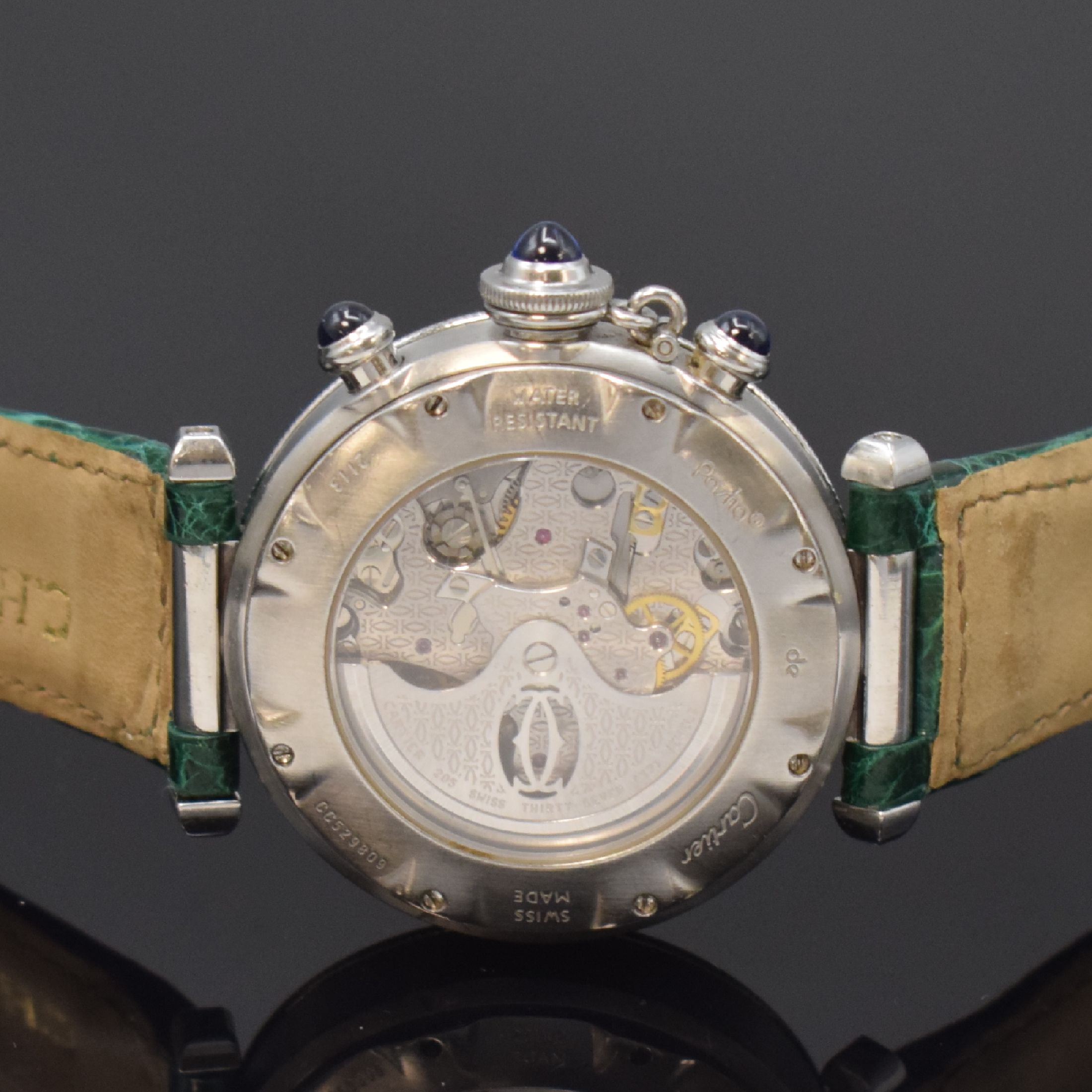Detail c: CARTIER Armbandchronograph Pasha, Schweiz um 2000, Automatik, Edelstahlgeh., Boden 8- fach verschr., eins. drehb. Lünette m. 60er Teilung, silb. ...