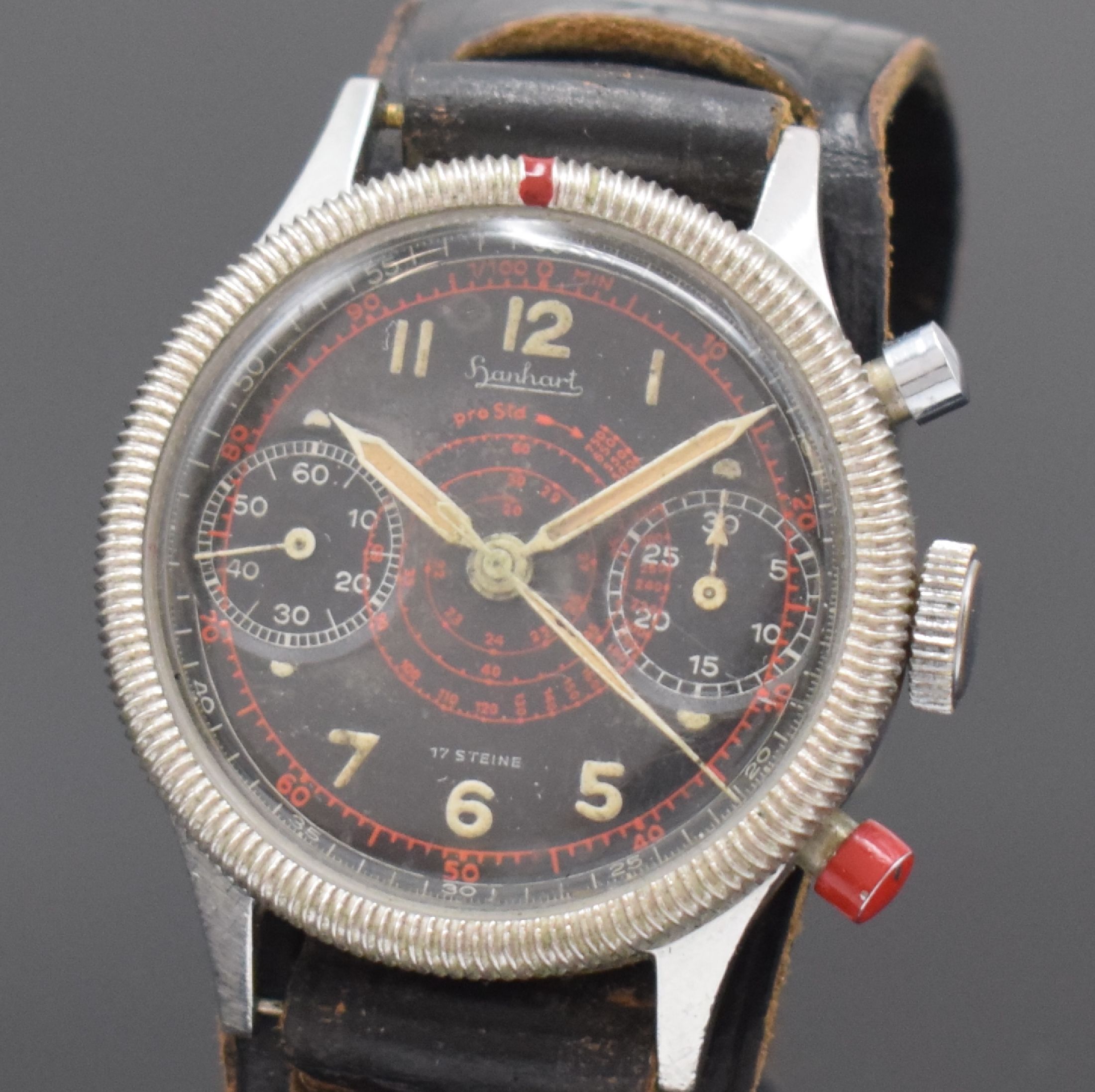 Detail a: HANHART Flyback Fliegerchronograph in Stahl,Deutschland um 1960, Handaufzug, geriffelte Drehlünette, Boden geschr., schwarzes sehr seltenes ...
