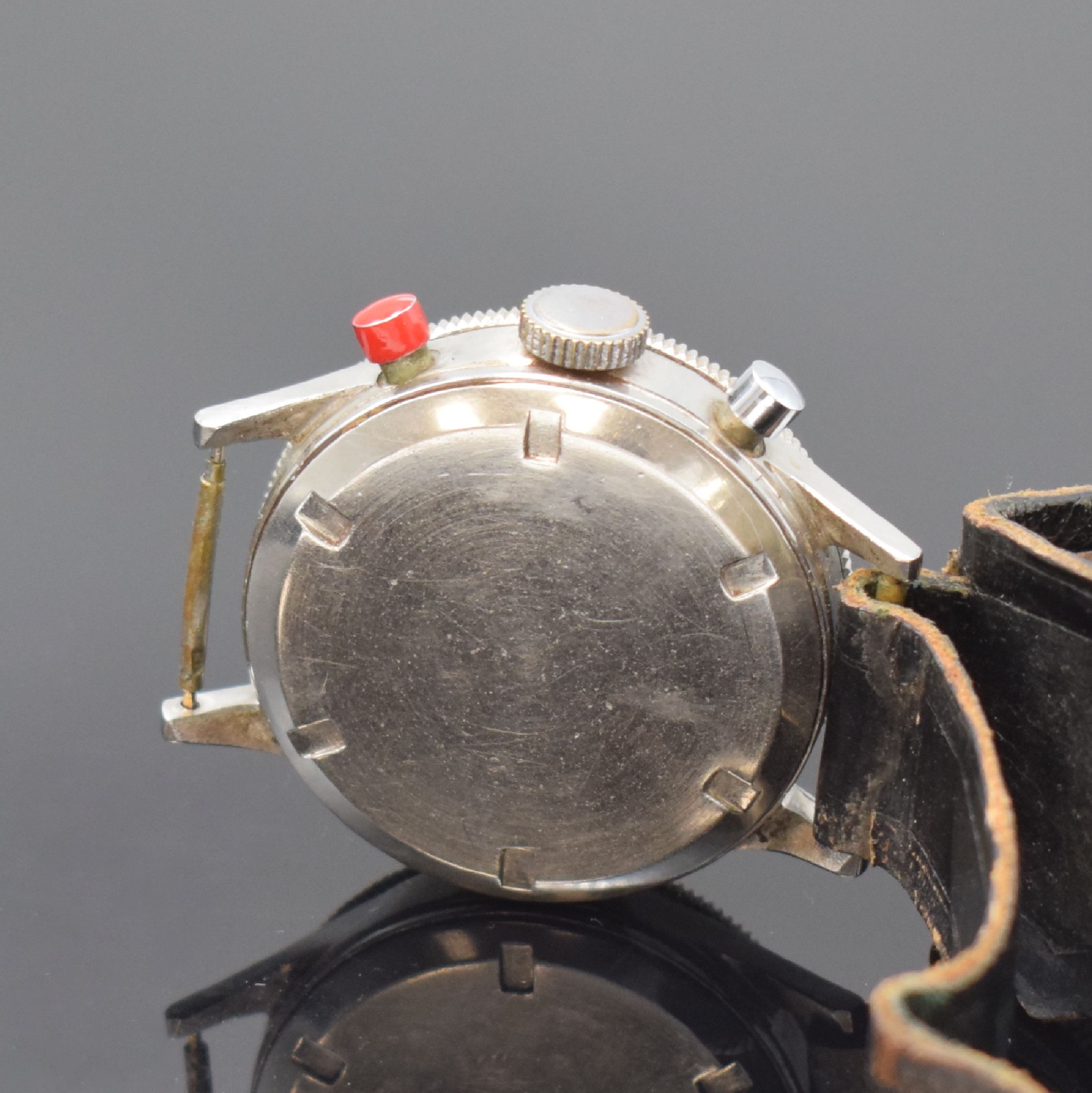 Detail c: HANHART Flyback Fliegerchronograph in Stahl,Deutschland um 1960, Handaufzug, geriffelte Drehlünette, Boden geschr., schwarzes sehr seltenes ...