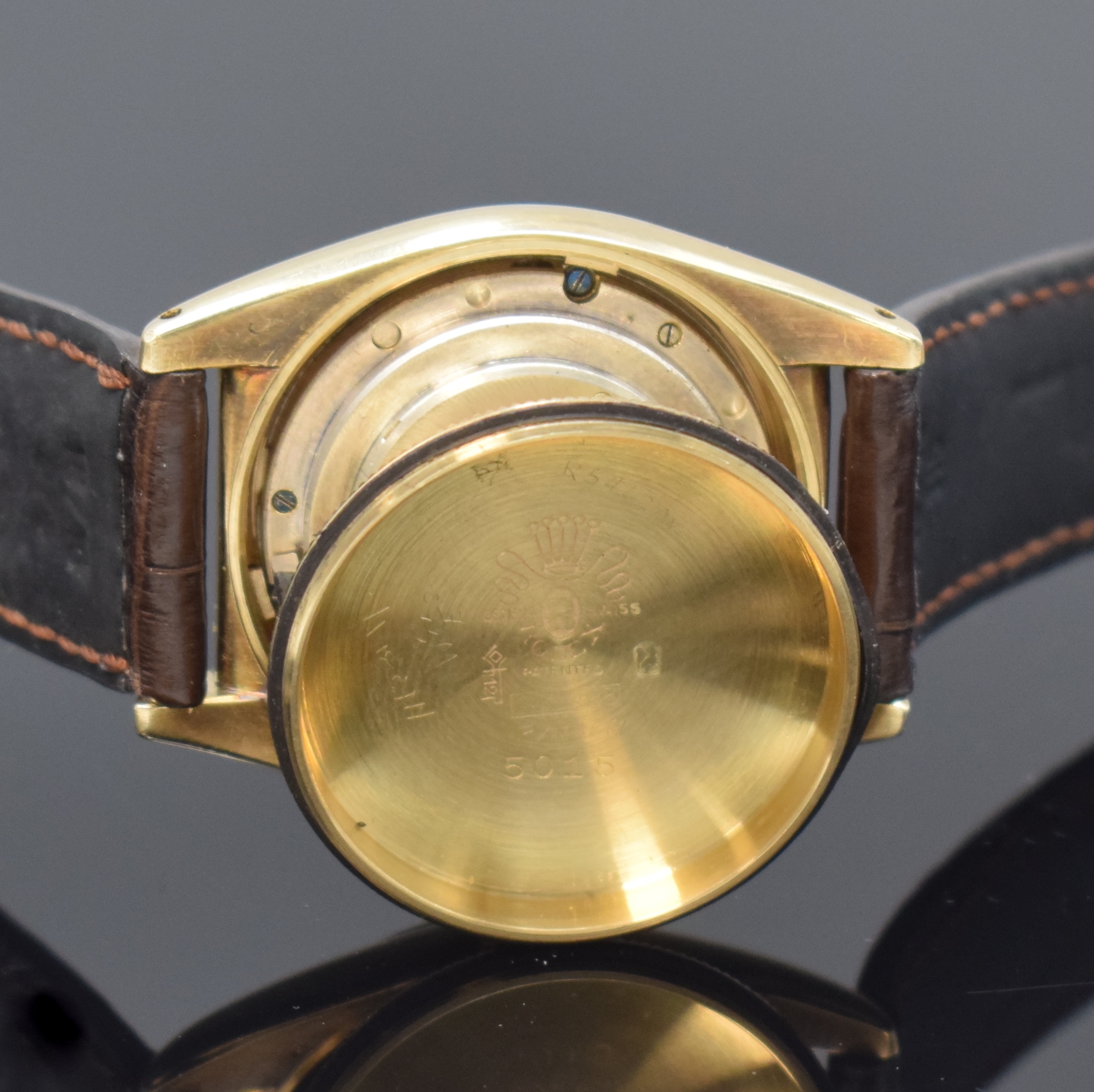 Detail h: ROLEX Oyster Perpetual Bubble Back Chronometer-Armbanduhr in GG 585/000 mit sehr seltenem original Zifferblatt Referenz 5015, Schweiz um 1948, ...
