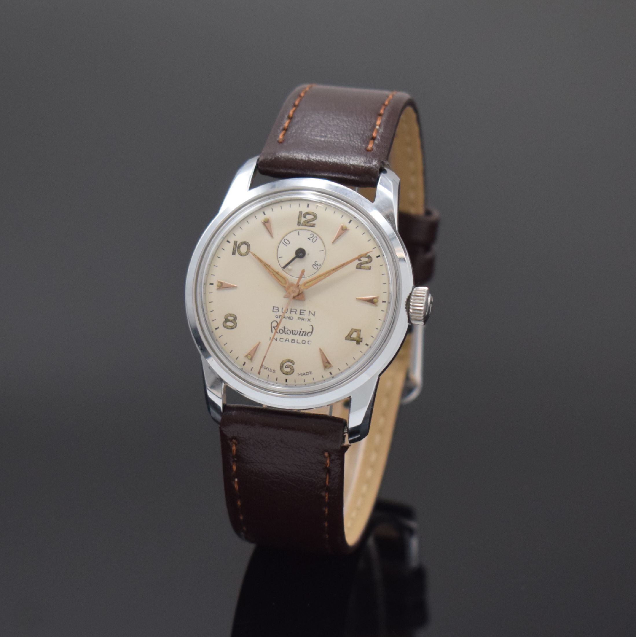 BUREN Rotowind seltene nahezu neuwertige Armbanduhr in Stahl mit Gangreserveanzeige, Schweiz um 1960, Automatik, Boden verschr., vers. Zifferbl. m. ...