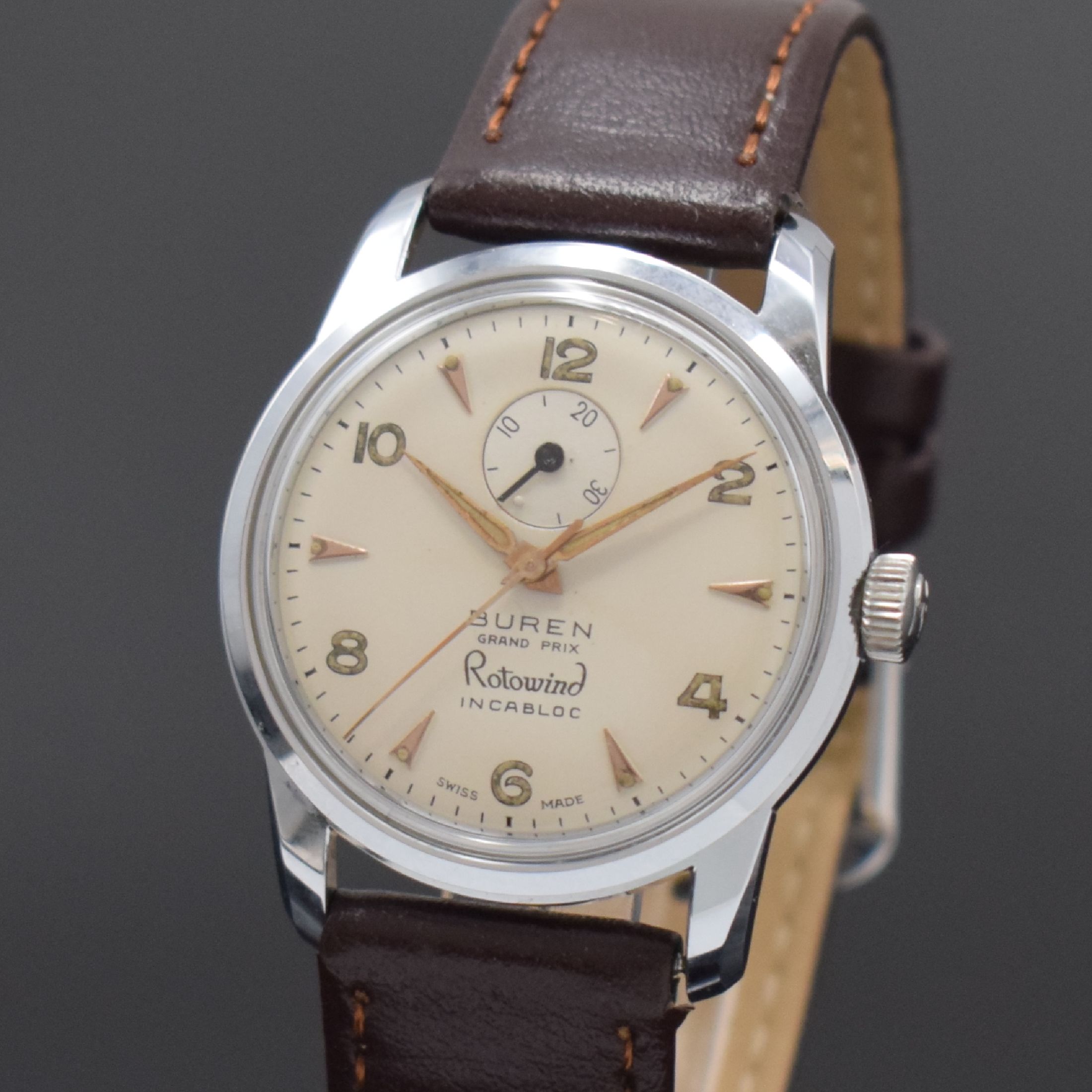 Detail a: BUREN Rotowind seltene nahezu neuwertige Armbanduhr in Stahl mit Gangreserveanzeige, Schweiz um 1960, Automatik, Boden verschr., vers. Zifferbl. m. ...