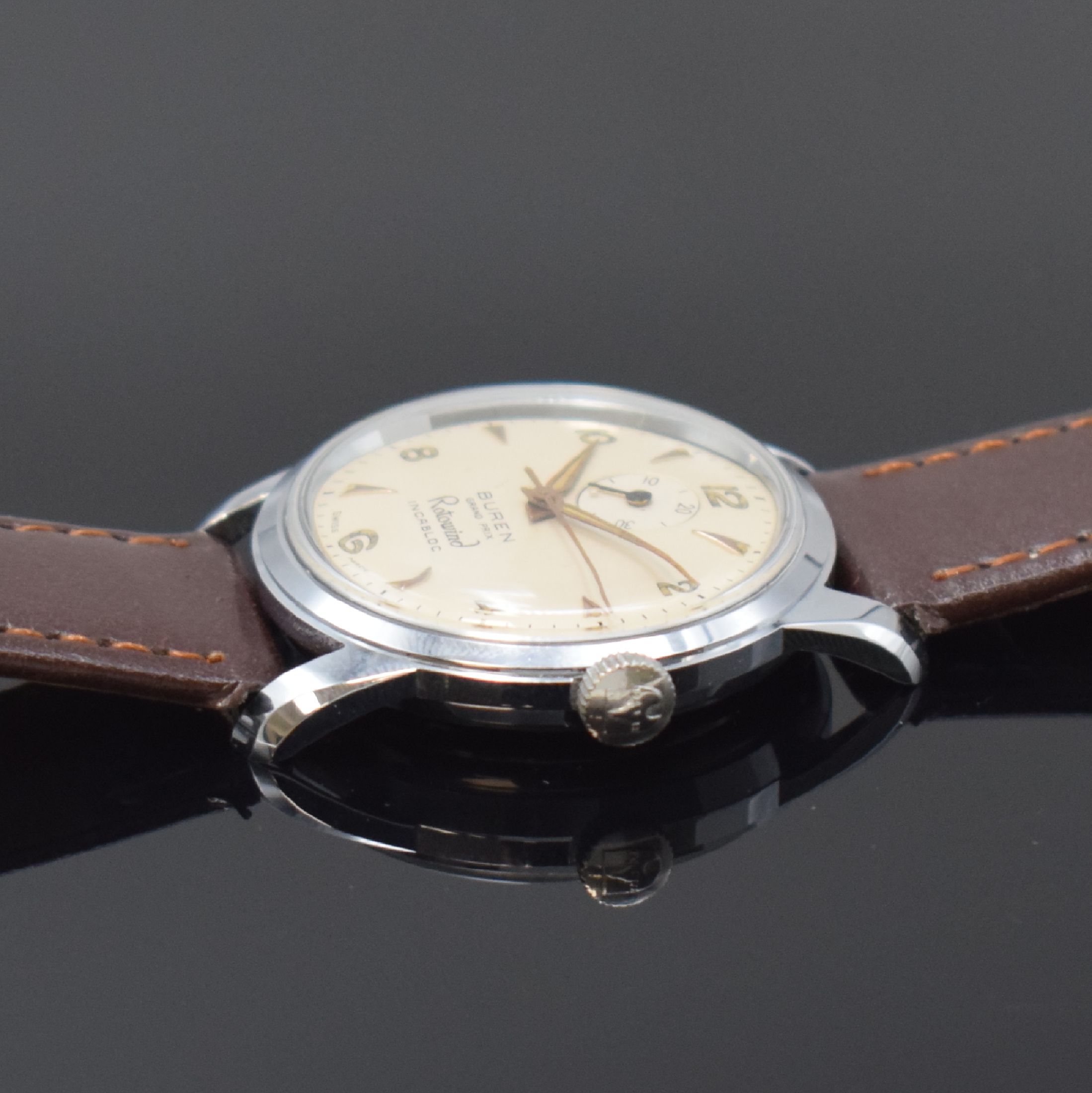 Detail b: BUREN Rotowind seltene nahezu neuwertige Armbanduhr in Stahl mit Gangreserveanzeige, Schweiz um 1960, Automatik, Boden verschr., vers. Zifferbl. m. ...