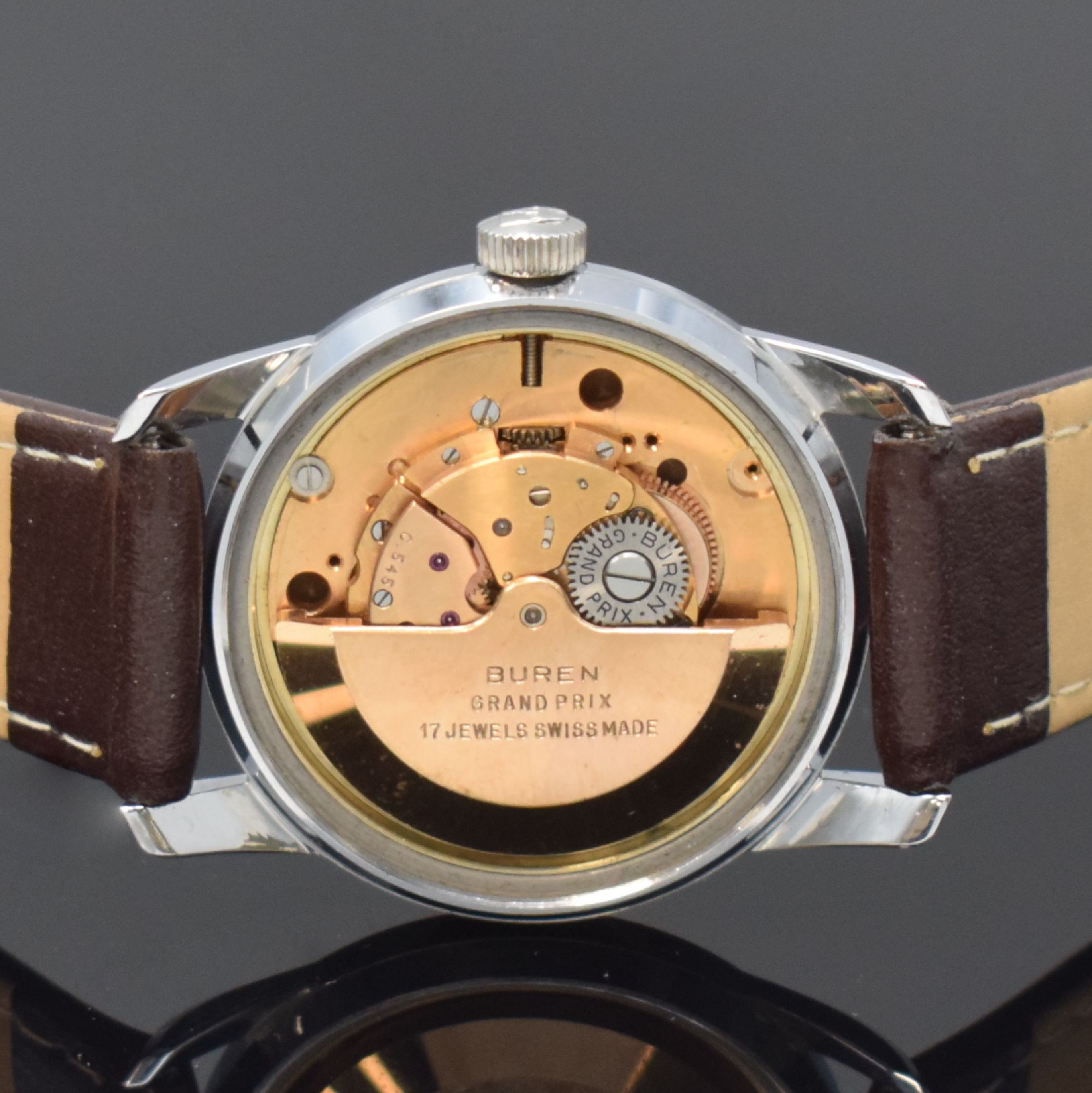Detail d: BUREN Rotowind seltene nahezu neuwertige Armbanduhr in Stahl mit Gangreserveanzeige, Schweiz um 1960, Automatik, Boden verschr., vers. Zifferbl. m. ...