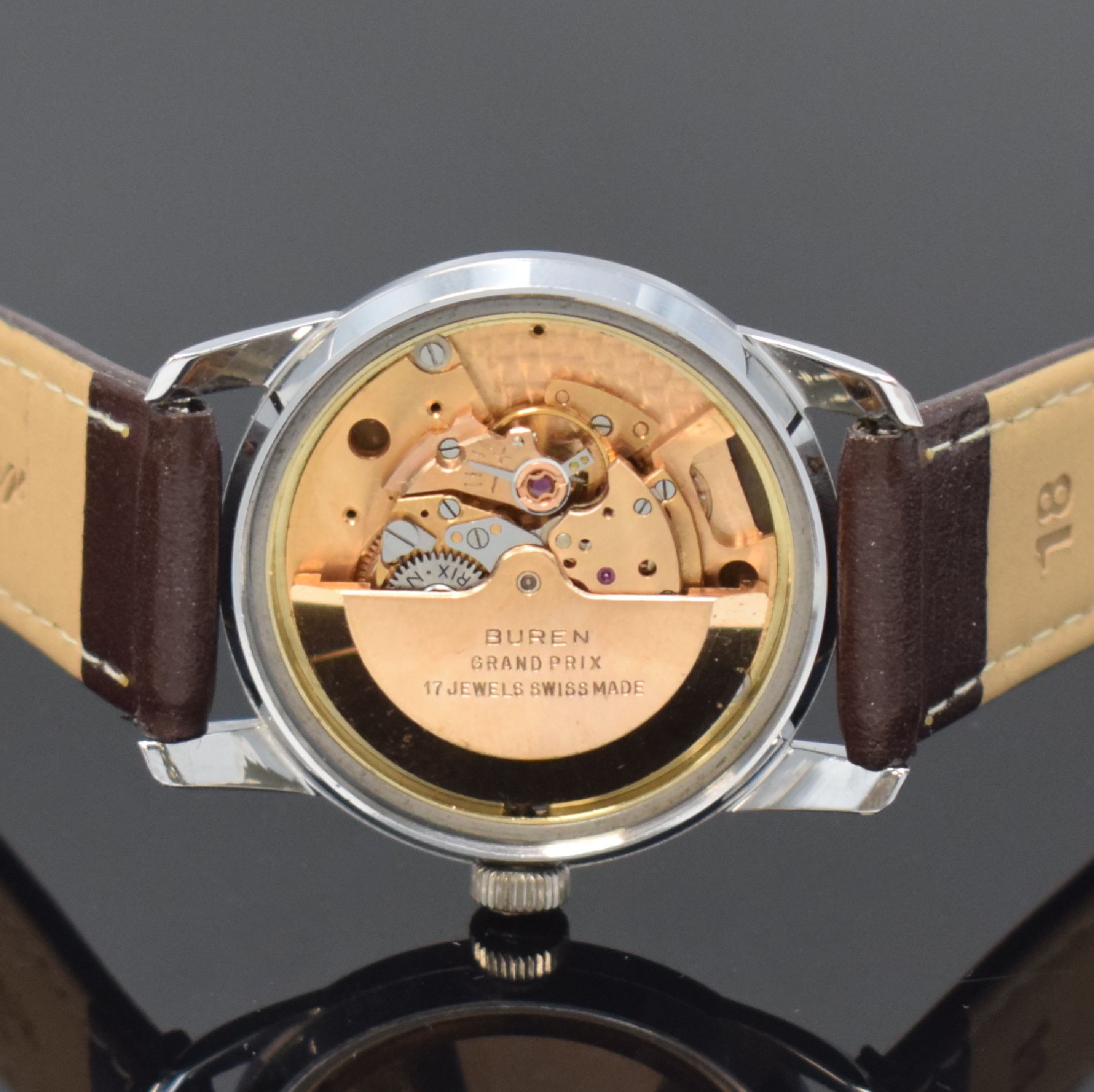 Detail e: BUREN Rotowind seltene nahezu neuwertige Armbanduhr in Stahl mit Gangreserveanzeige, Schweiz um 1960, Automatik, Boden verschr., vers. Zifferbl. m. ...