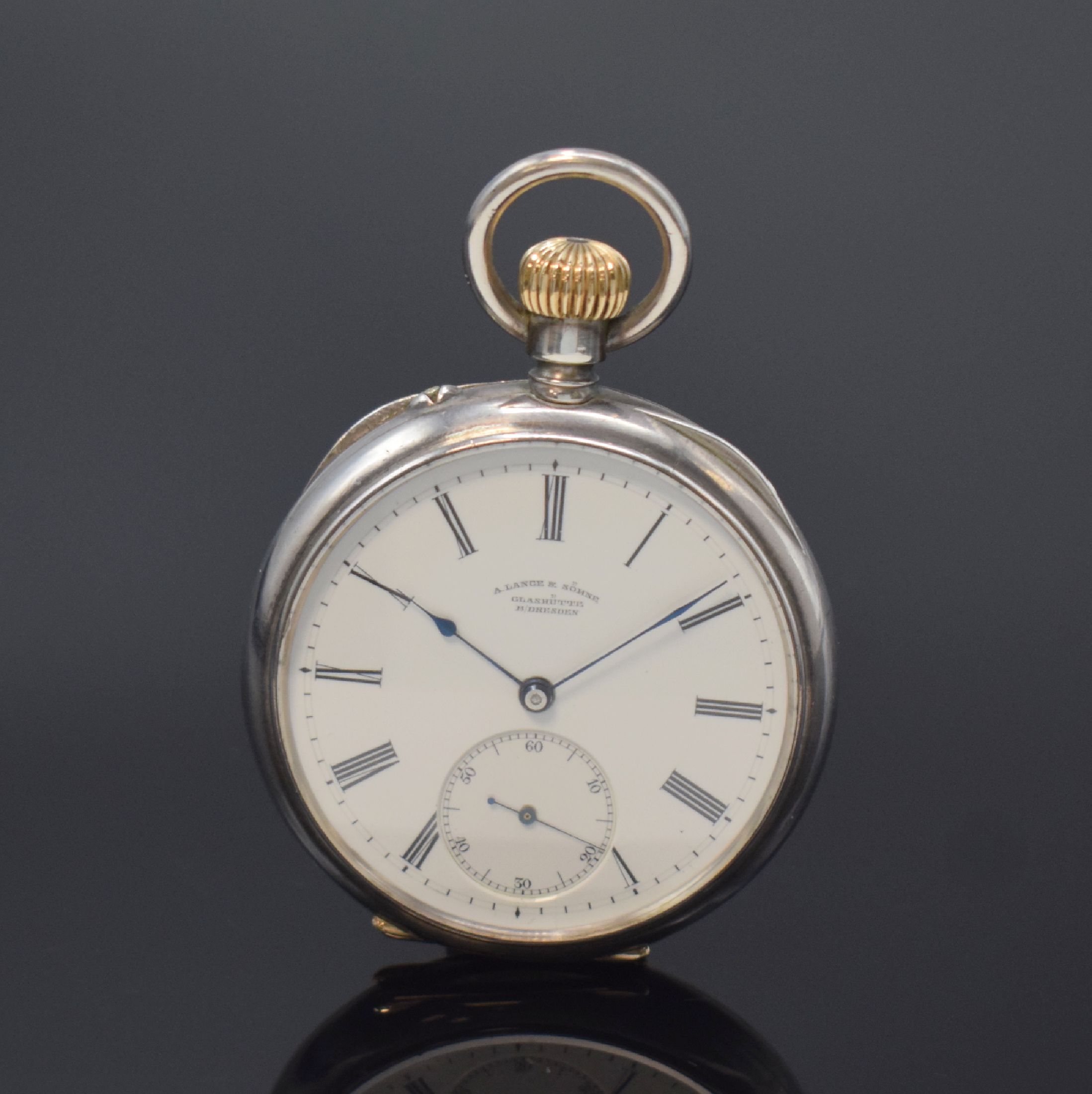 A. LANGE & SÖHNE offene Taschenuhr in 900er Silber, Deutschland um 1890, glattes Geh. dell., rücks. m. Monogramm, Silbercuvette, Emailzifferbl. m. ...
