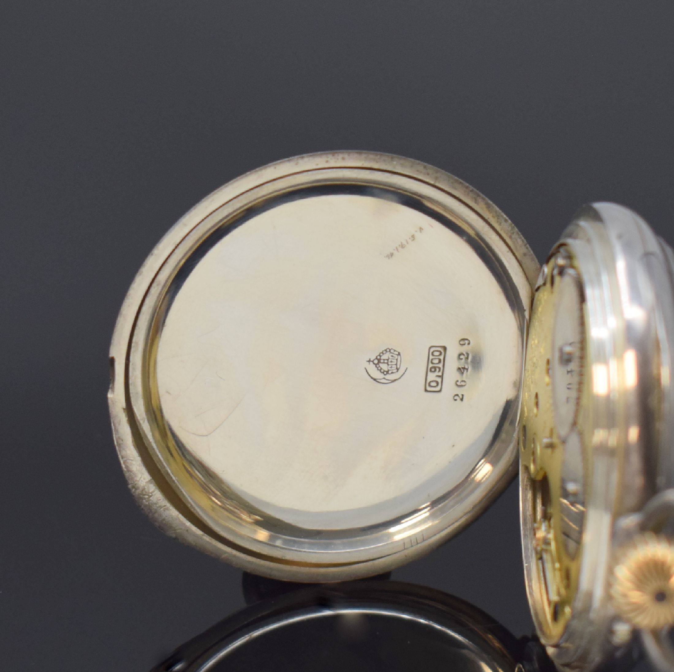 Detail d: A. LANGE & SÖHNE offene Taschenuhr in 900er Silber, Deutschland um 1890, glattes Geh. dell., rücks. m. Monogramm, Silbercuvette, Emailzifferbl. m. ...