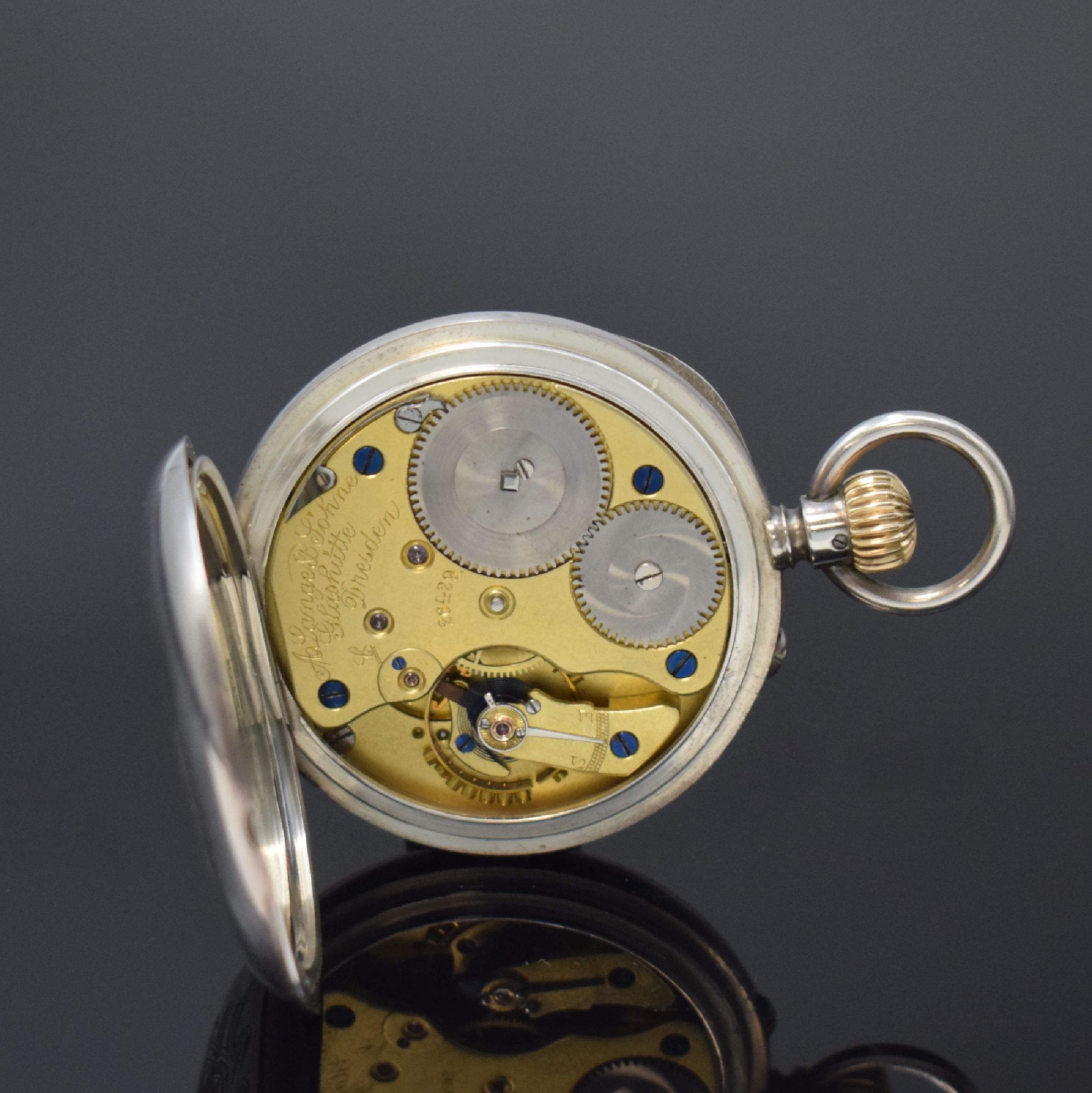 Detail e: A. LANGE & SÖHNE offene Taschenuhr in 900er Silber, Deutschland um 1890, glattes Geh. dell., rücks. m. Monogramm, Silbercuvette, Emailzifferbl. m. ...