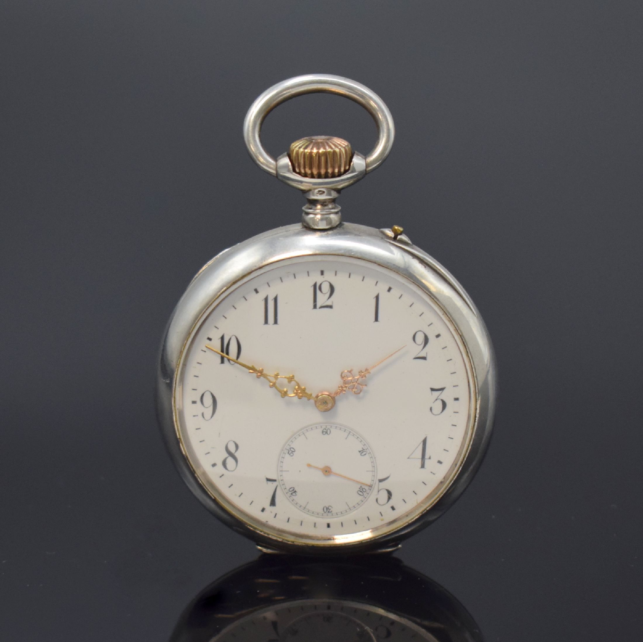 IWC offene Taschenuhr in 800er Silber, Schweiz um 1898, Geh. l. dell., guill. Rückseite, Silbercuvette, Emailzifferbl. l. riss., arab. Zahlen, gold. ...