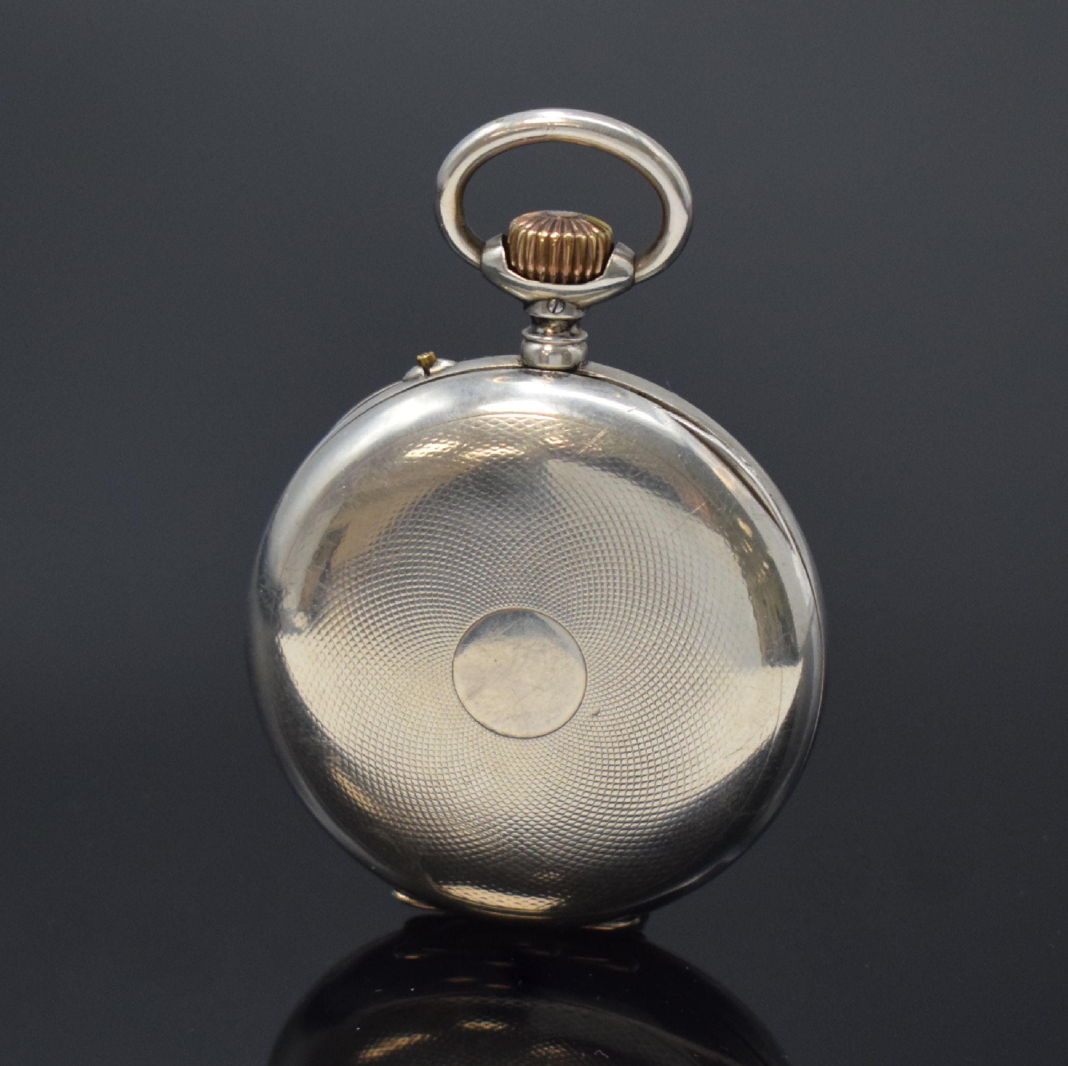 Detail a: IWC offene Taschenuhr in 800er Silber, Schweiz um 1898, Geh. l. dell., guill. Rückseite, Silbercuvette, Emailzifferbl. l. riss., arab. Zahlen, gold. ...