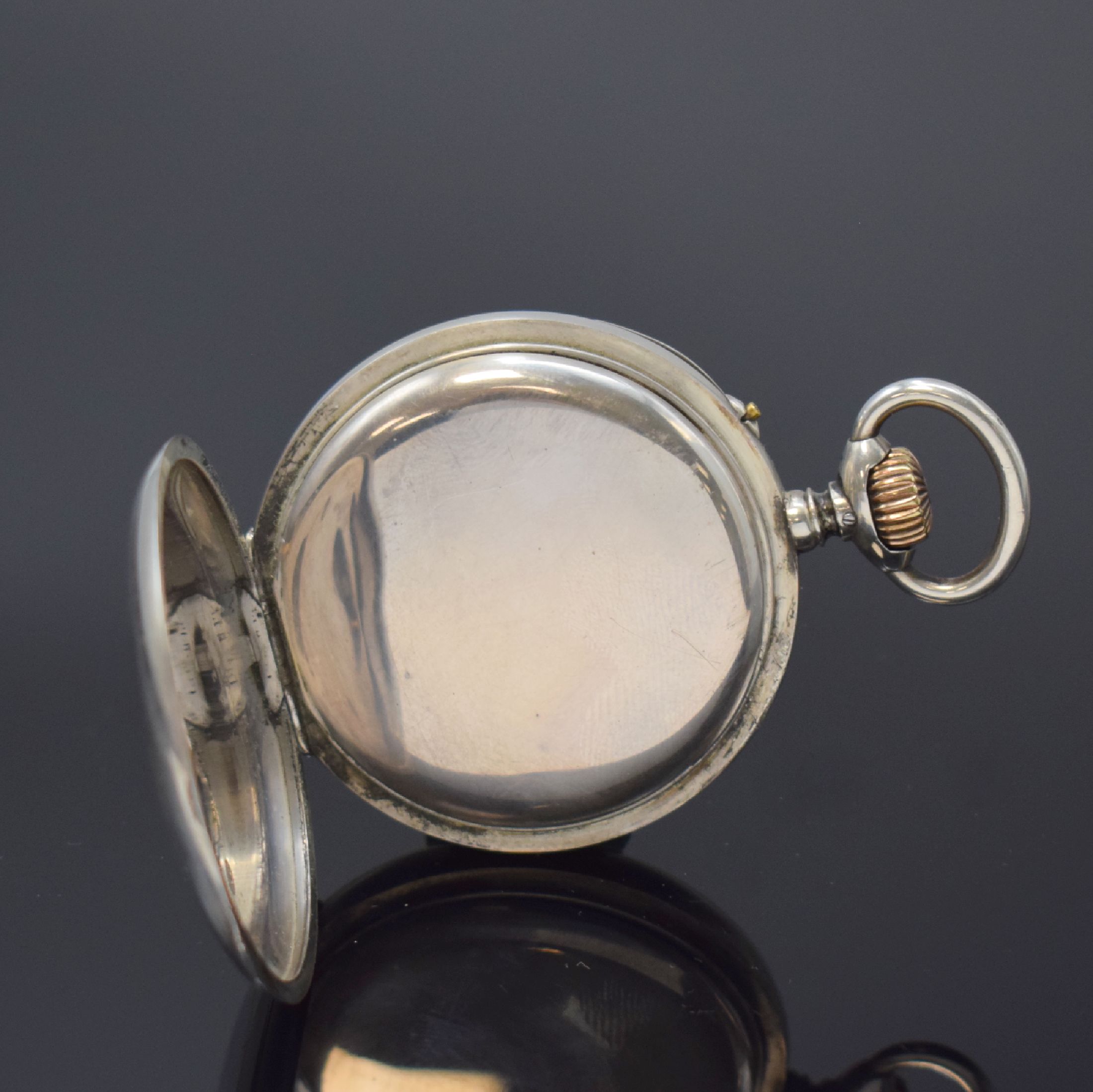 Detail c: IWC offene Taschenuhr in 800er Silber, Schweiz um 1898, Geh. l. dell., guill. Rückseite, Silbercuvette, Emailzifferbl. l. riss., arab. Zahlen, gold. ...