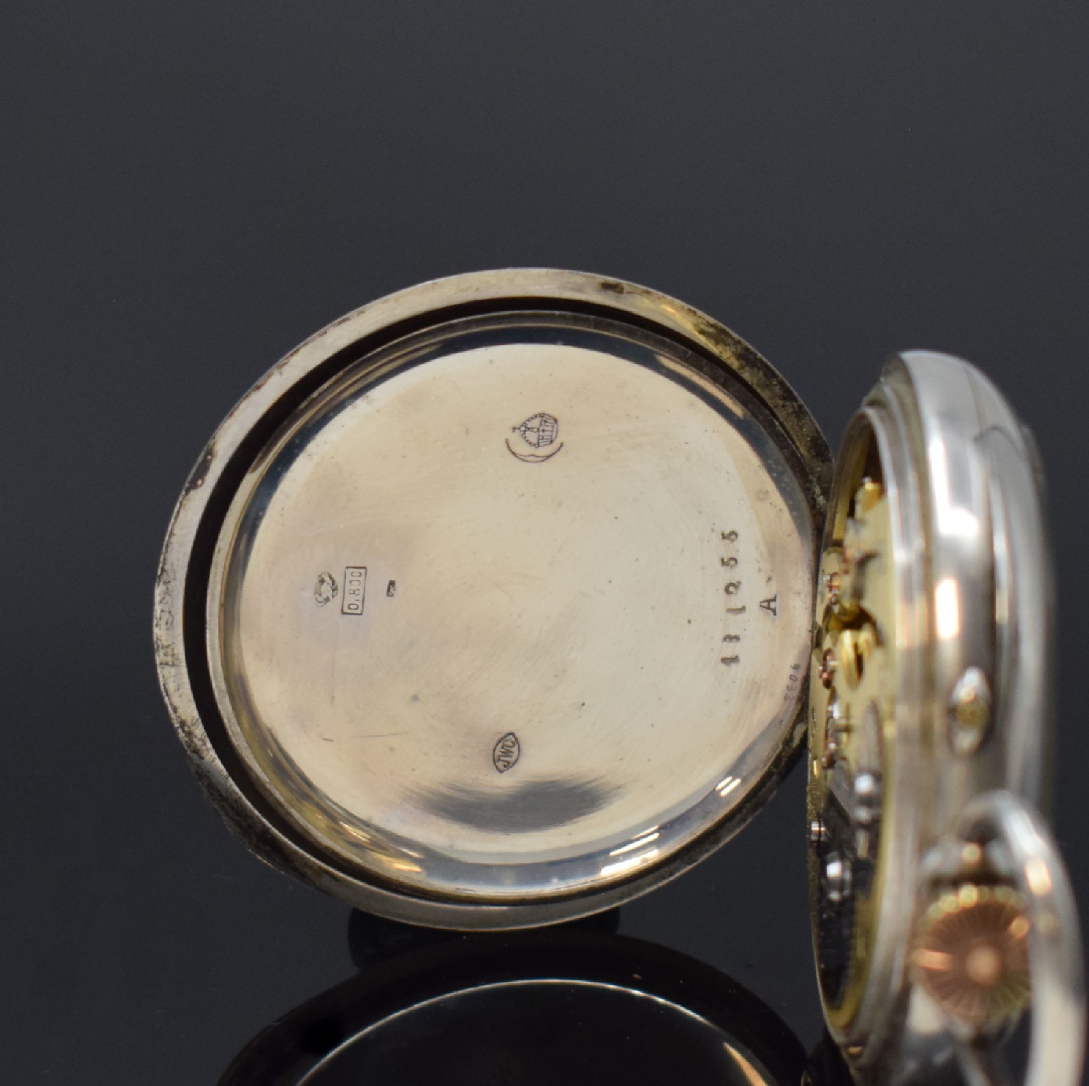 Detail d: IWC offene Taschenuhr in 800er Silber, Schweiz um 1898, Geh. l. dell., guill. Rückseite, Silbercuvette, Emailzifferbl. l. riss., arab. Zahlen, gold. ...
