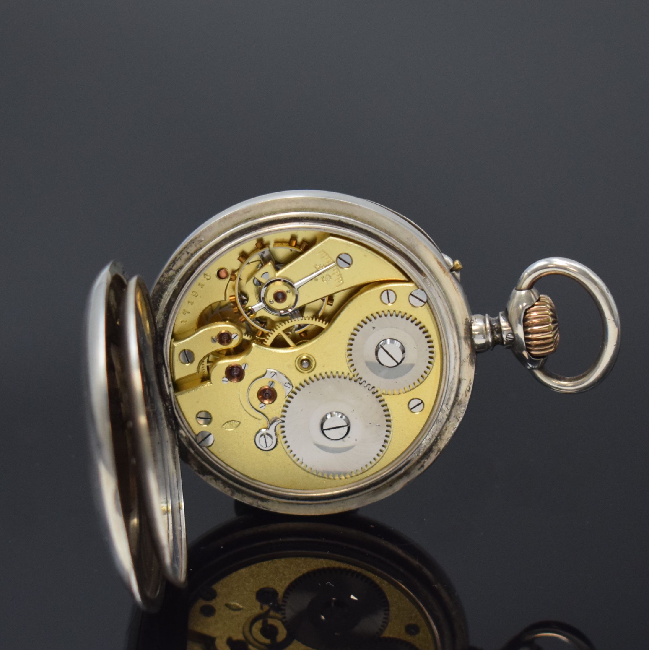 Detail e: IWC offene Taschenuhr in 800er Silber, Schweiz um 1898, Geh. l. dell., guill. Rückseite, Silbercuvette, Emailzifferbl. l. riss., arab. Zahlen, gold. ...