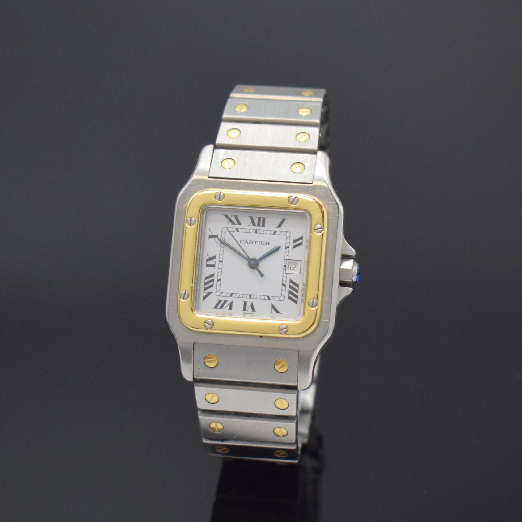 CARTIER Santos Herrenarmbanduhr, Schweiz um 1985, Automatik, Edelstahl/Gold kombiniert inkl. Gliederband m. Faltschl., Monocoque- Geh., Lünette ...