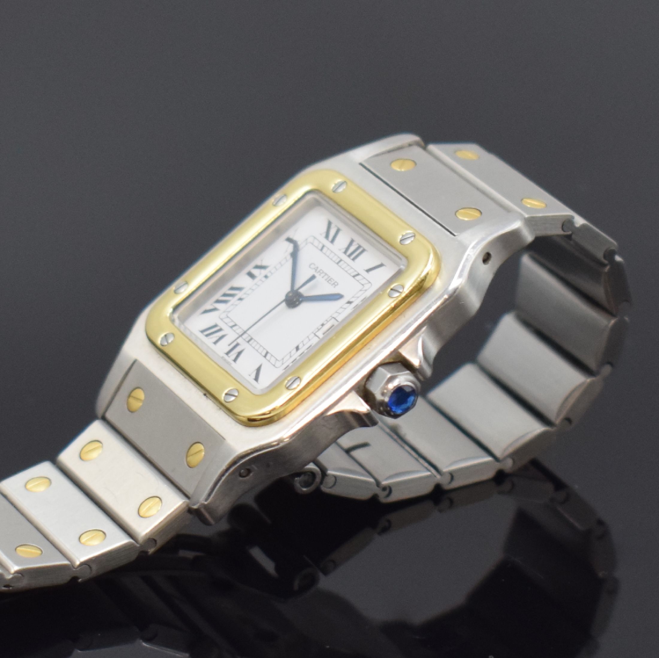 Detail c: CARTIER Santos Herrenarmbanduhr, Schweiz um 1985, Automatik, Edelstahl/Gold kombiniert inkl. Gliederband m. Faltschl., Monocoque- Geh., Lünette ...