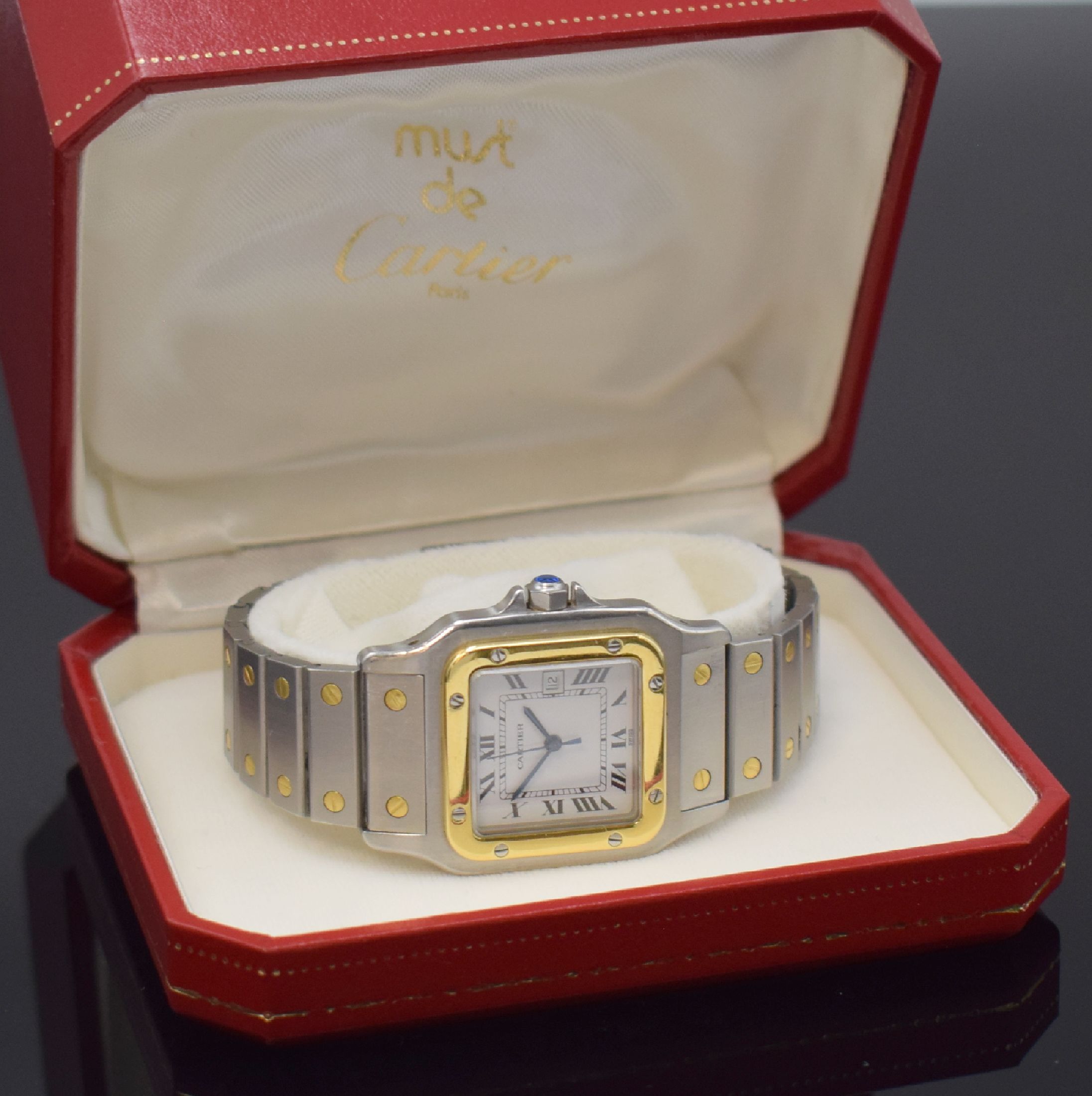 Detail e: CARTIER Santos Herrenarmbanduhr, Schweiz um 1985, Automatik, Edelstahl/Gold kombiniert inkl. Gliederband m. Faltschl., Monocoque- Geh., Lünette ...