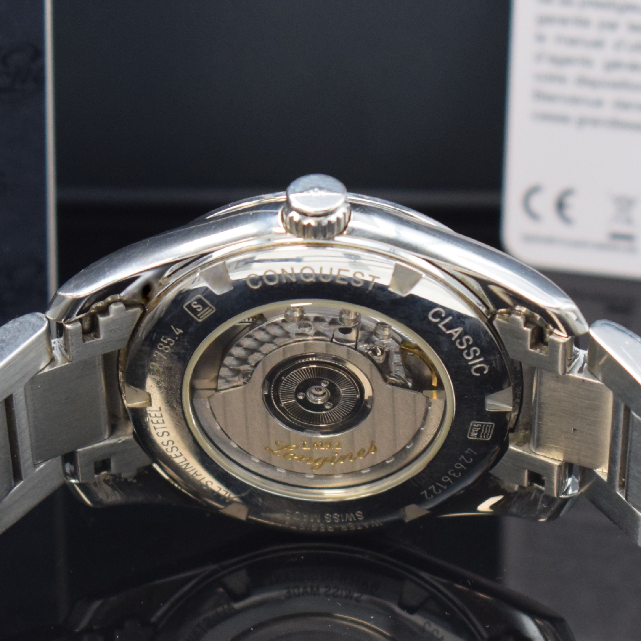 Detail d: LONGINES Herrenarmbanduhr Conquest Classic Referenz L2.785.4, Automatik, Edelstahlgeh. inkl. Gliederband m. dopp. Faltschl., beids. vergl., Boden ...