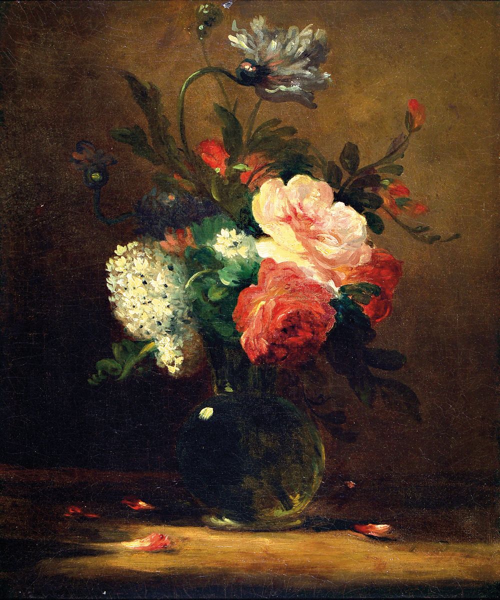 Unbekannter Künstler des 19.Jh.,, Stilllebenmit Rosen, Pfingstrosen und Flieder, Öl/Lwd, doubliert, rest., unsigniert, 55x46 cm, Akanthus-Rahmen ...