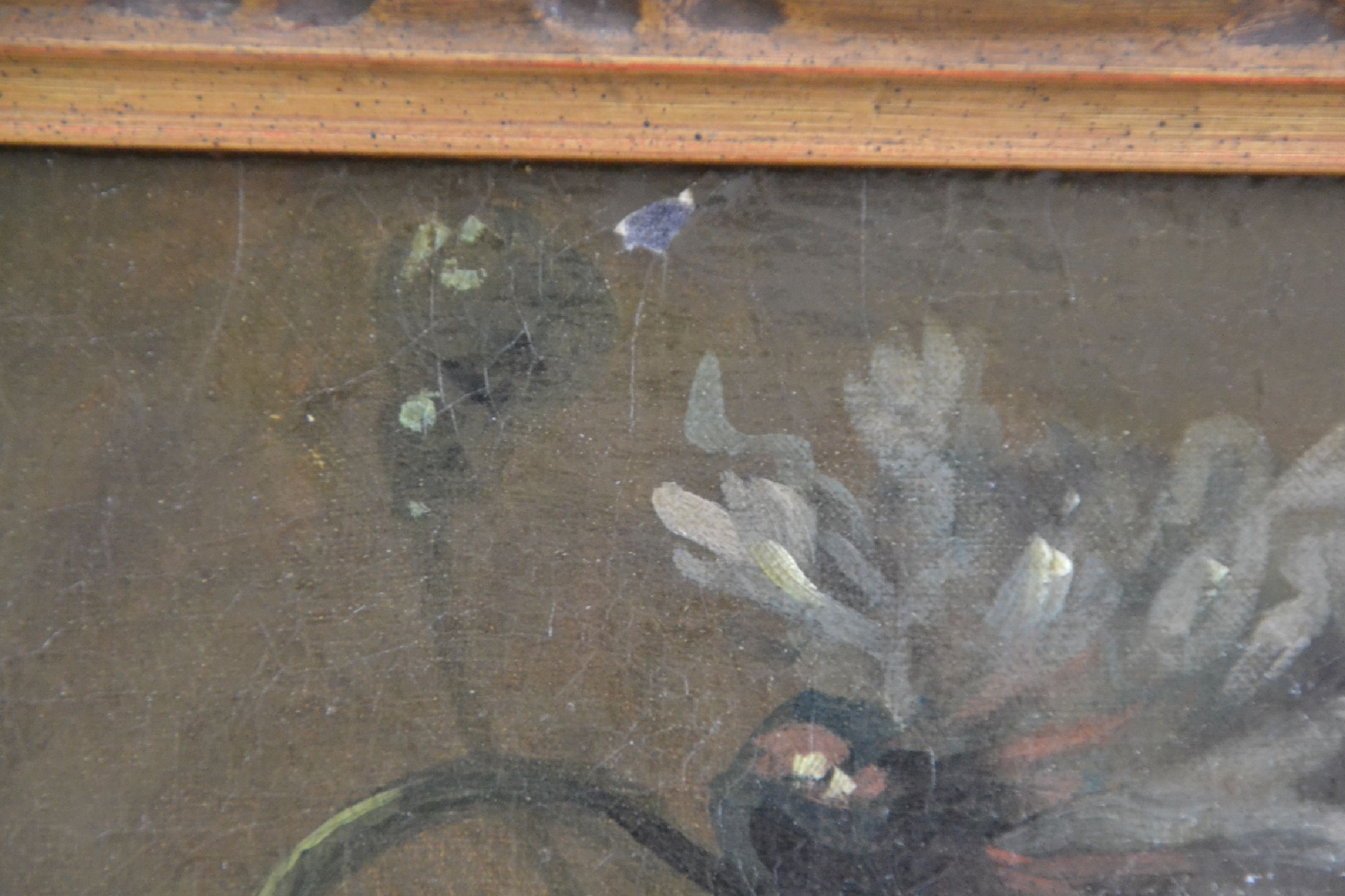 Detail c: Unbekannter Künstler des 19.Jh.,, Stilllebenmit Rosen, Pfingstrosen und Flieder, Öl/Lwd, doubliert, rest., unsigniert, 55x46 cm, Akanthus-Rahmen ...