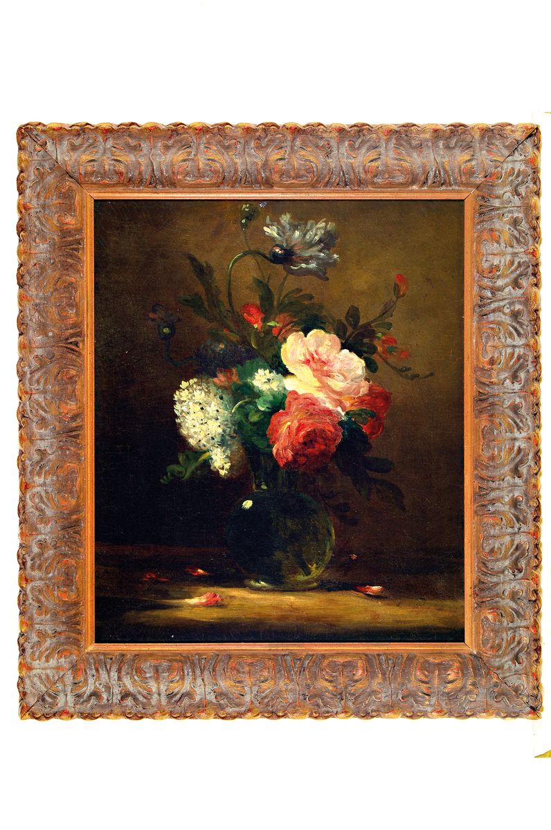 Detail k: Unbekannter Künstler des 19.Jh.,, Stilllebenmit Rosen, Pfingstrosen und Flieder, Öl/Lwd, doubliert, rest., unsigniert, 55x46 cm, Akanthus-Rahmen ...