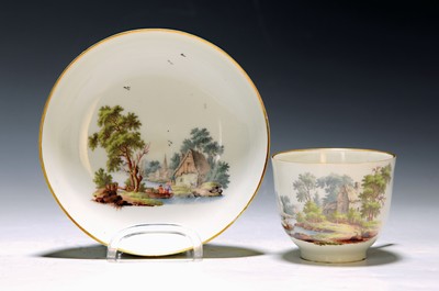 Image 26715819 - Cup with saucer, Zurich, around 1775, porcelain, fine landscape painting, min. on the stand ring, blind mark 2WX, gold rim