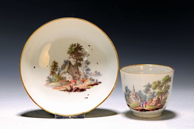 Image 26715820 - Cup with saucer, Zurich, around 1775, porcelain, fine landscape painting, gold rim, saucer with fire crack, cup slight rest., goldedges, h. approx. 6.5 cm