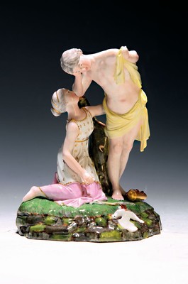 Image 26715828 - Porcelain group "The Killed Pigeon" , Höchst, around 1775, design by Johann Peter Melchior, fine polychrome painting, young girl kneeling in front of a young man, the killed pigeon lies on the grass base, rest., H. approx. 18.5cm, W. approx. 13.2, d. approx. 12.5 cm