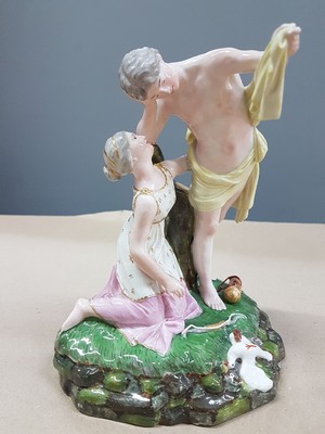 26715828b - Porcelain group "The Killed Pigeon" , Höchst, around 1775, design by Johann Peter Melchior, fine polychrome painting, young girl kneeling in front of a young man, the killed pigeon lies on the grass base, rest., H. approx. 18.5cm, W. approx. 13.2, d. approx. 12.5 cm