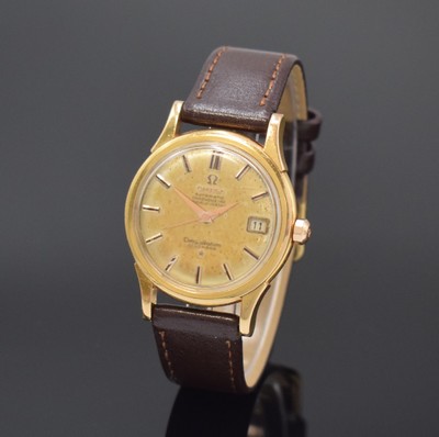 Image 26715841 - OMEGA Constellation 18k yellow gold chronometer wristwatch reference 2943/2954 SC, Switzerland around 1956, self winding, snap on case back with representation observatory, silvered dial patinated/spotty, applied hour- indices, gilded hands, date at 3, copper coloured movement calibre 504, 24 jewels, 5 adjustments, diameter approx. 34,5 mm, signs of use, overhaul recommended at buyer's expense, condition 3